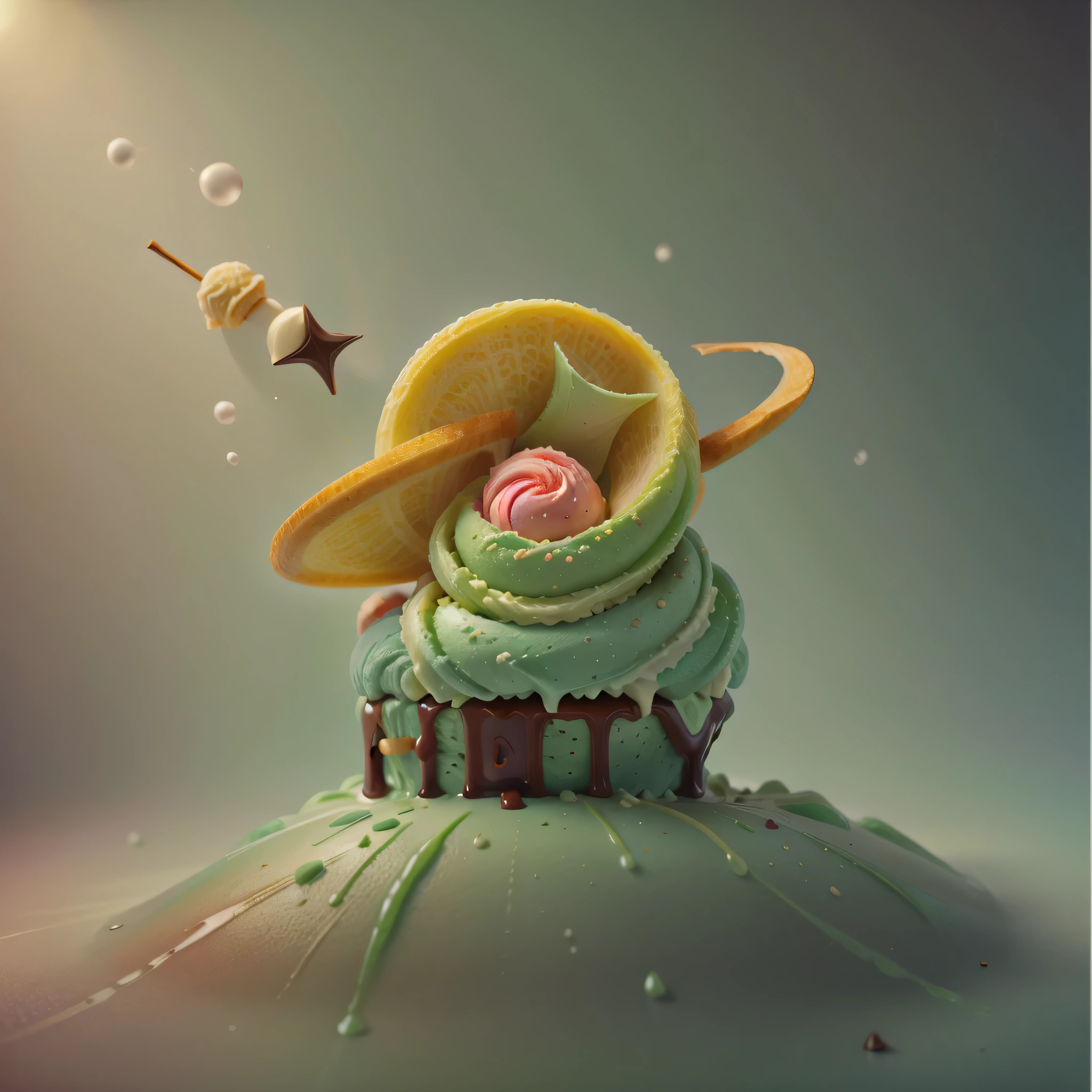 Milk ice cream cone,Top with dark chocolate sauce,soft,delicious, panoramic,Vibrant green background,Realistic and detailed images,Ultra-clear,best quality,Food wallpaper,morango