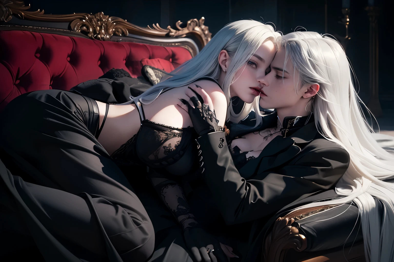 ((Best quality)), ((masterpiece)), (detailed), ((perfect face)), ((halfbody)) perfect proporcions, they are a couple of vampires, they are both 18 years old, she love each other, they kiss, they both wear gothic clothes, he has long white hair, vampire ambience, gothic bedroom background, ((perfect face)) fullbody+ , vampire ambience