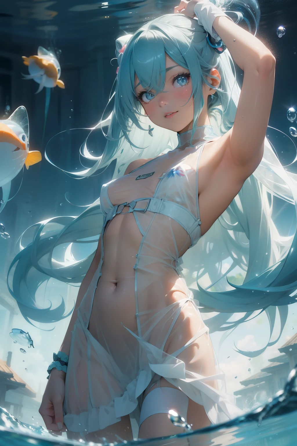 (quality)), ((masterpiece)), Recommended results、Puffy nipples、(see through:1.5)、straighten your back、abdominal muscles、huge bust、angle to floor:1.2、low camera angle、Hair loss on crotch，Hatsune Miku，masterpiece, 最好的quality,1 girl,kawaii,Lovely,flowing hair, Transparent dress,water,Colorful bubbles,water晶蝴蝶,Tyndall effect,dusk,Cinema lighting,water stirring,dreamlike,wonderful scene,spark,jellyfish,water晶梦,