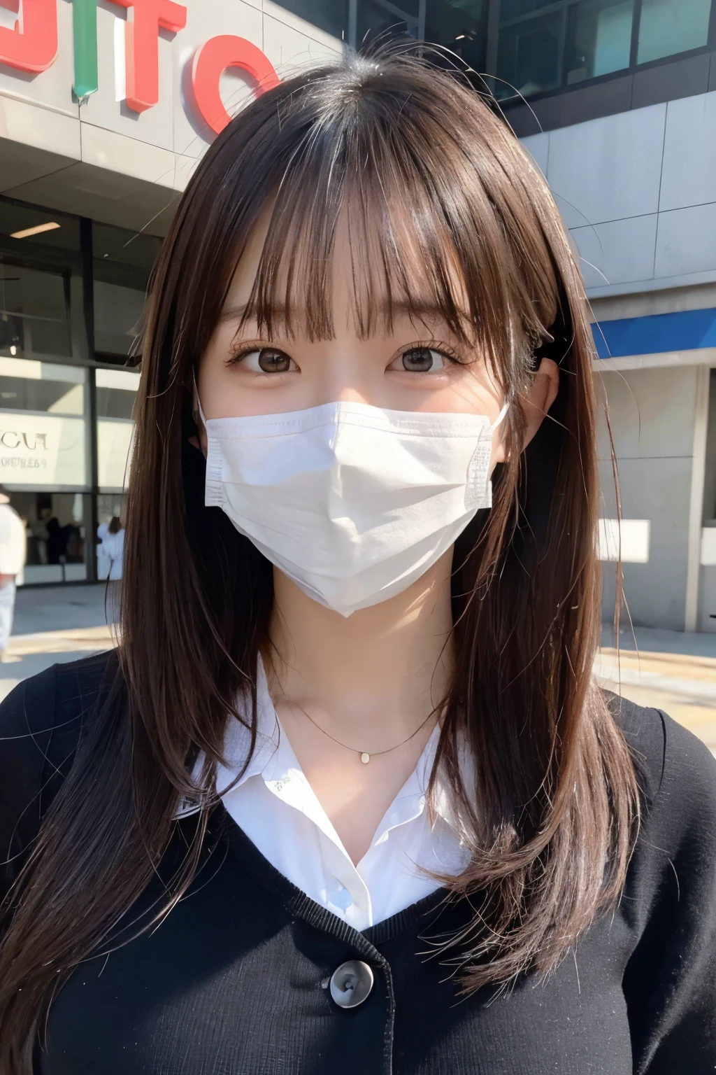 (8k, RAW photo, best quality, masterpiece:1.2), (realistic, photo-realistic:1.4), (extremely detailed 8k wallpaper),
professional lighting,
sharp focus, depth of field, blur background, bokeh,
full body,
Japanese high school girl, slender,
standing and waiting, looking above,
Shopping street,
evening,
wavy hair, black hair,
Bomber Jacket, polo shirt ,mini skirt, 
mouth mask,
smiling,