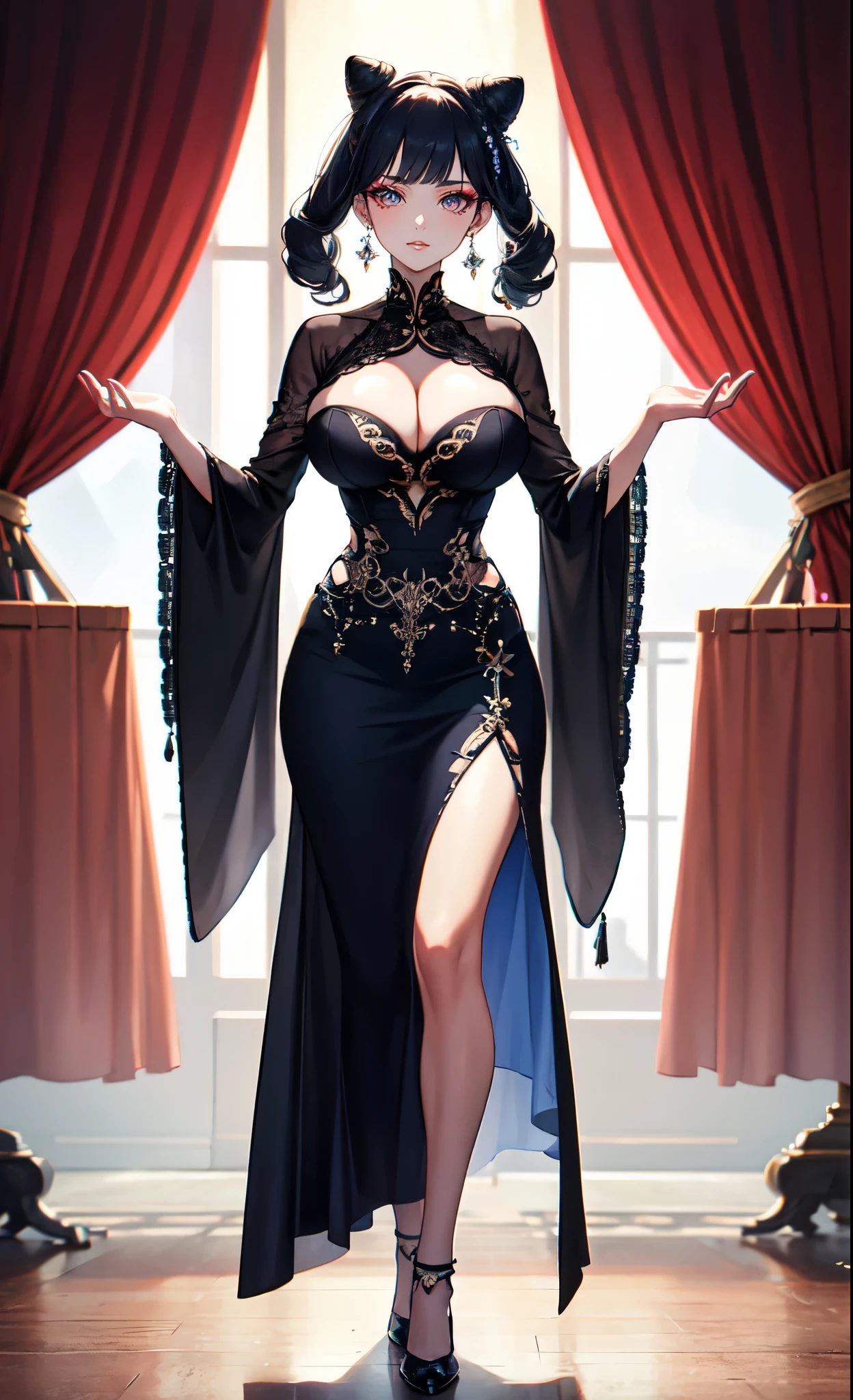 palace background,Court ball,Red curtain,Dark blue color curly hair,british palace bun,Standing close-up,dream world,Royal sister,(Elongated danphoenix eyes,eye shadow,long eyelashes),Elongated danphoenix eyes,eye shadow,Contact lenses,(Baroque skirt,Widen hem,Shredded flower cloth:2.0),(big breast)ballroom background,(Soft light and shadow:1.9),Intricate body jewelry,High heeled dancing shoes,Detailedly drawn backgrounds