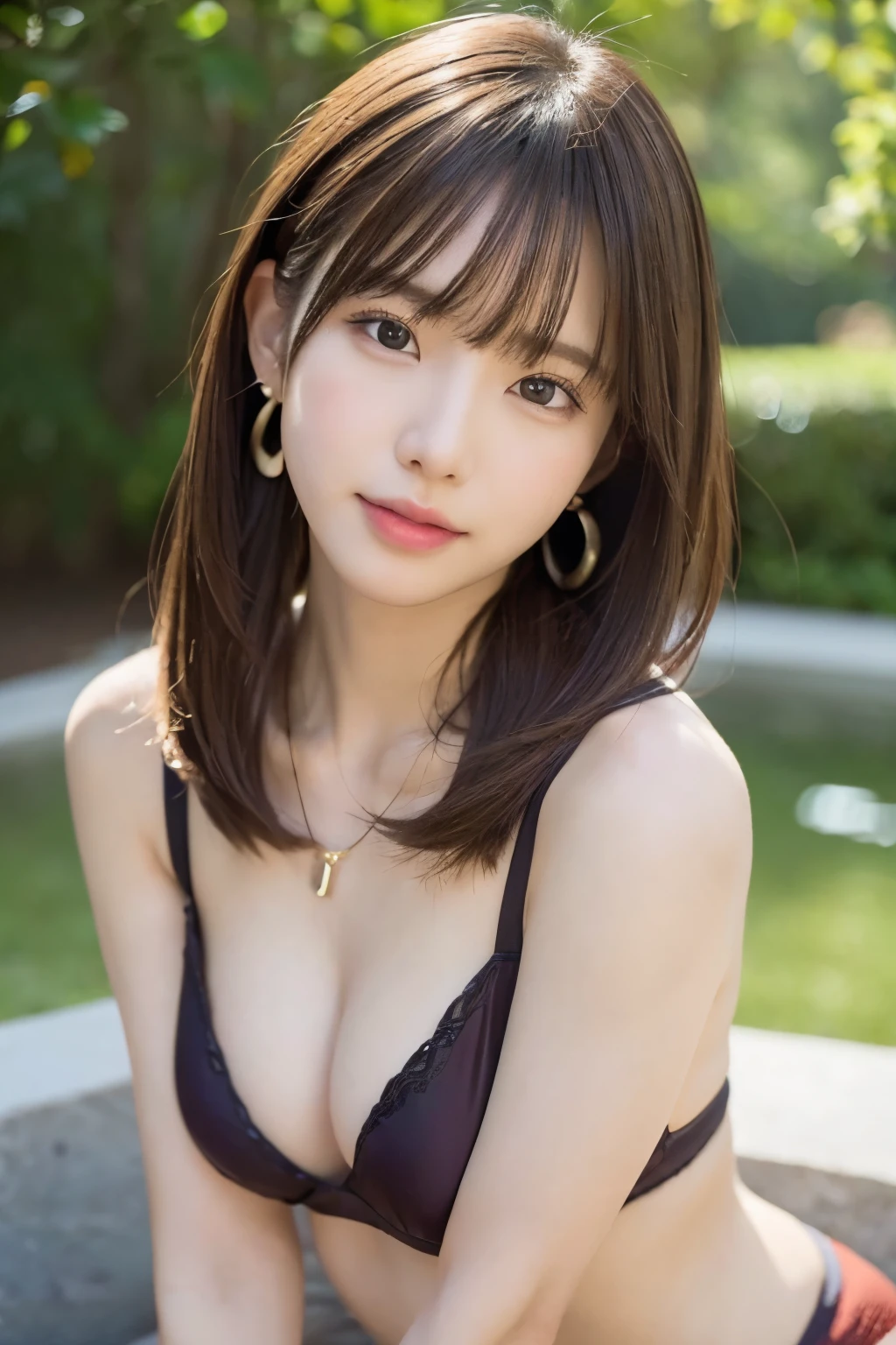 (8k, RAW photo, best quality, masterpiece:1.2), (realistic, photo-realistic:1.4), (extremely detailed 8k wallpaper),
professional lighting,
sharp focus, depth of field, blur background, bokeh,
random pose,
Japanese high school girl, slender,
full body,
ocean, summer,
Daytime,
brown long hair, messy hair,
fancy earrings, necklace, bikini,
laugh,