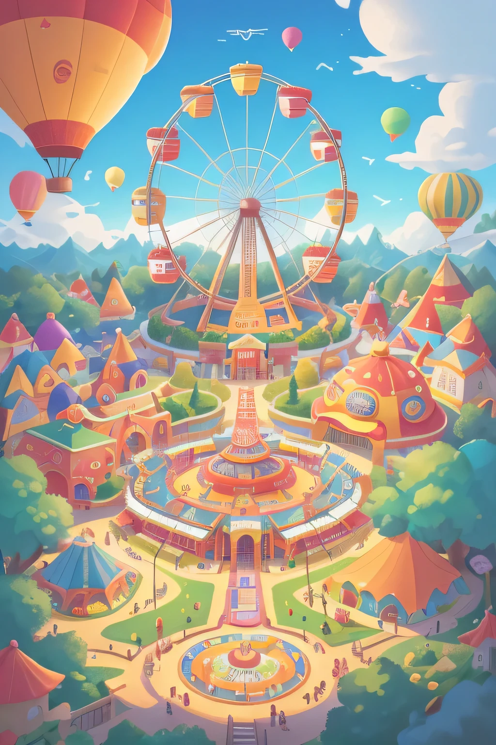 masterpiece, best quality, ultra detailed, the Ferris wheel,rollercoaster, merry-go-round,camp,tents,RV,robotical,uav,A lot of people commandedLots of air balloons, playground, from above,