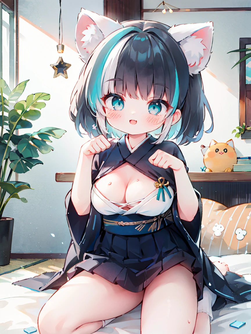 (best quality,highres,masterpiece:1.2),extremely detailed CG unity 8k wallpaper,ultra-detailed,1 girl,harmonious finger proportions, painting, pop art, (anime, anime coloring), mesugaki, an extremely cute girl, young cheeky girl, looking at viewer, sitting, seiza, cat pose, paw pose, mischievous expression, confident smile, grin, highlights in eyes, toddler, multicolored_hair, streaked_hair, breasts, large_breasts, animal_ears, cleavage, black_hair, aqua_eyes, smile, bangs, blush, two-tone_hair, blue_eyes, aqua_hair, fake_animal_ears, (black animal_ears:1.2) ,short_hair, bottomless, on bed, japanese clothes, miko, kimono, white kimono, hakama, red hakama, long sleeves, skirt, sleeves past wrists, wide sleeves,