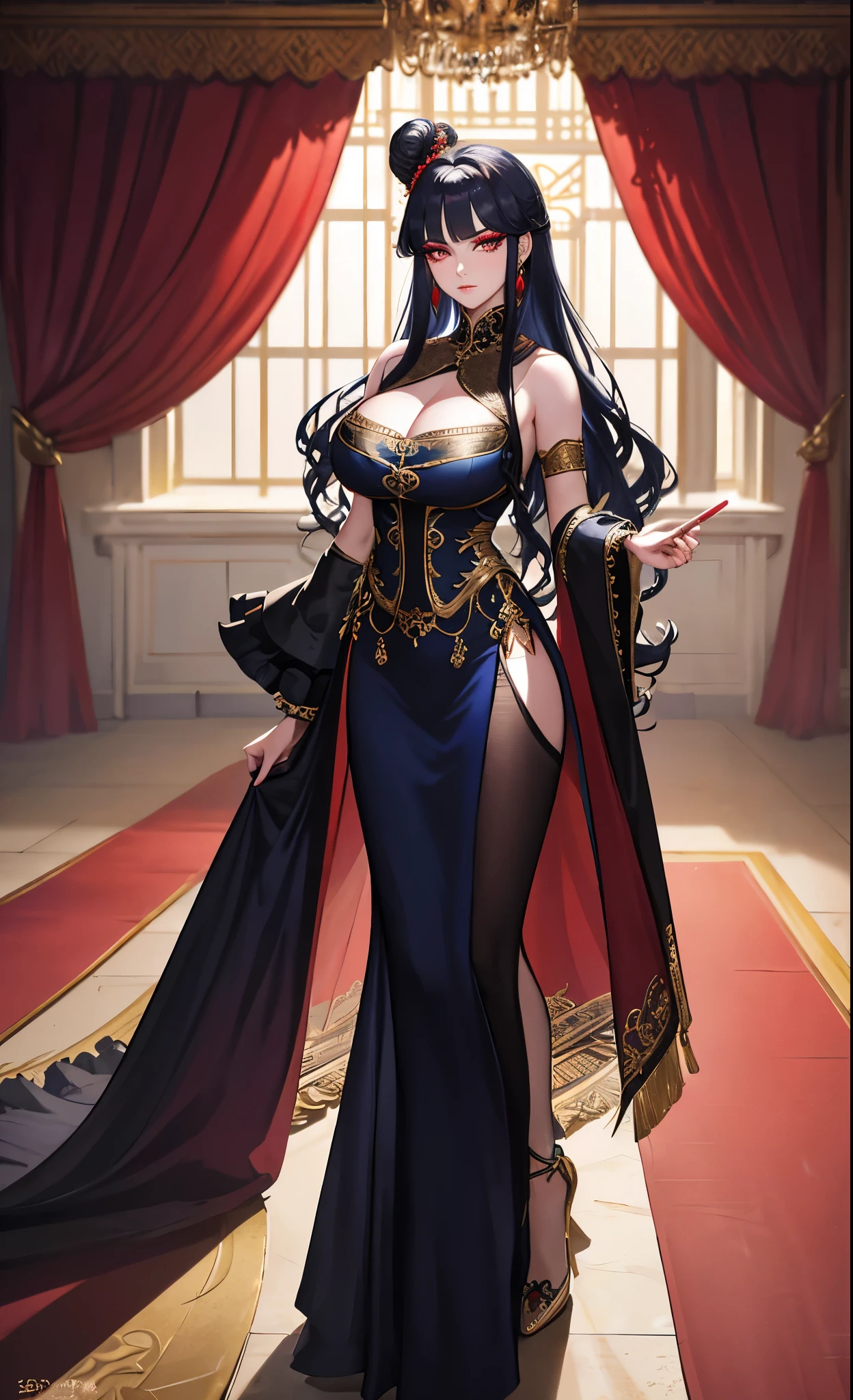palace background,Court ball,Red curtain,Dark blue color curly hair,british palace bun,Standing close-up,dream world,Royal sister,(Elongated danphoenix eyes,eye shadow,long eyelashes),Elongated danphoenix eyes,eye shadow,Contact lenses,(Baroque skirt,Widen hem,Shredded flower cloth:2.0),(big breast)ballroom background,(Soft light and shadow:1.9),Intricate body jewelry,High heeled dancing shoes,Detailedly drawn backgrounds