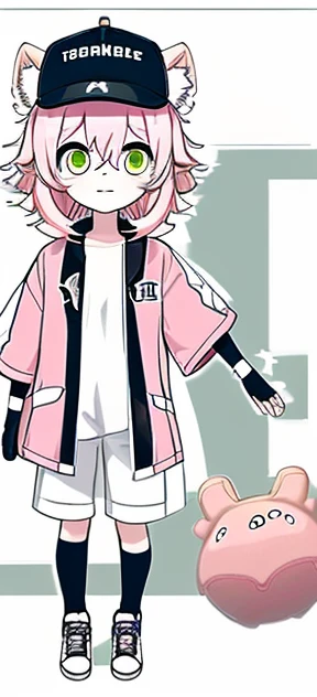 pink hair,green eyes,5 years old,Hair that only reaches shoulders，Fashionable jacket in black and white with only upper body picture，Baseball cap with animal ears，fashion,Two dimensions，