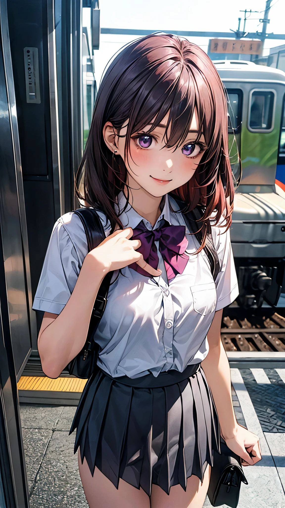 (masterpiece:1.2, top-quality), (realistic, photorealistic:1.4), beautiful illustration, (natural side lighting, movie lighting), nsfw,
looking at viewer, 1 girl, japanese, high school girl, perfect face, cute and symmetrical face, shiny skin,
(middle hair:1.5, two side up:1.2, grey purple hair), hair between eyes, purple eyes, long eye lasher, (medium breasts), slender, dark red hair ribbon,
beautiful hair, beautiful face, beautiful detailed eyes, beautiful clavicle, beautiful body, beautiful chest, beautiful thigh, beautiful legs, beautiful fingers,
((white collared shirts, grey box pleated mini skirt), dark red bow tie), school bag,
(beautiful scenery), evening, (train station), standing, (lovely smile, open mouse slightly),