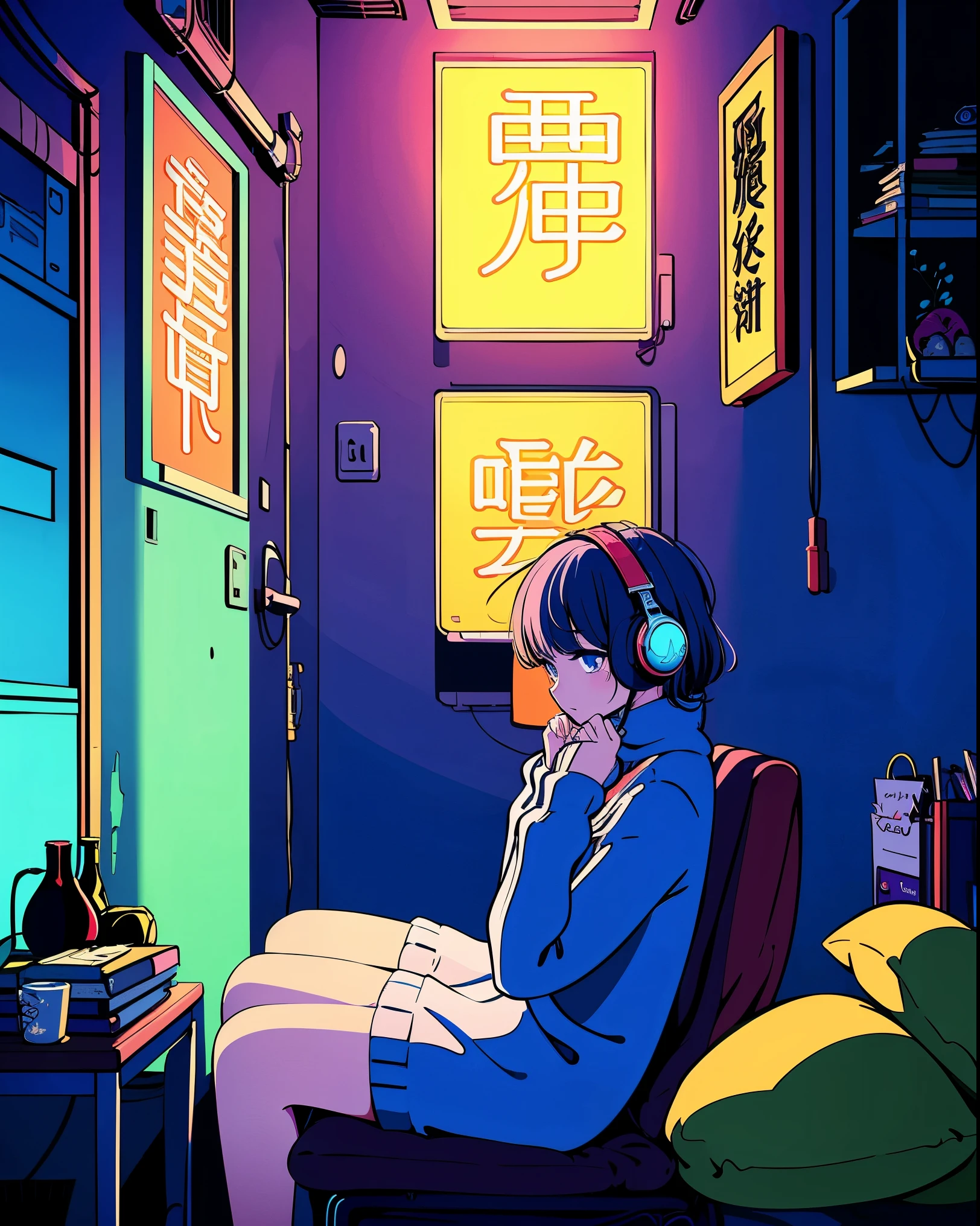 Detailed anime girls, Wearing a large sweater, Wear headband headphones, praise, quiet, quiet雰囲気, chilling, looking out in her bedroom, night, quiet night, Cat, masterpiece, highest quality,BLUE,Cang