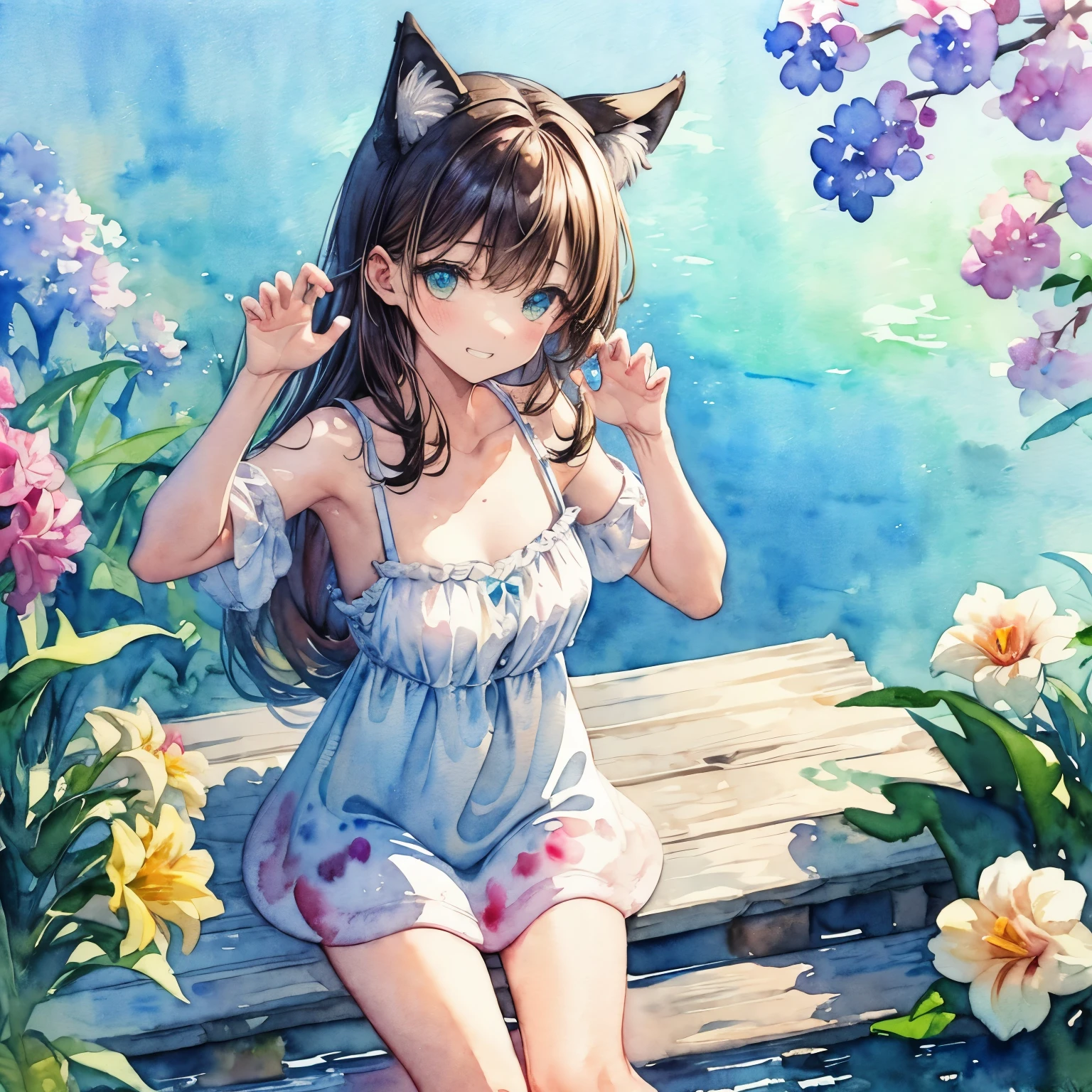 ((Masterpiece)), ((best quality)), (watercolor only background:1.9),1girl, solo, put on cat ears, grin face, Full body, ((claw pose)), sitting on pier, (oversized white camisole), (aqua eyes), (daffodil), (hyacinth), signature, red flower, pale brown hair, long hair, green eyes, cute earring, scumulonimbus cloud, landscape, (on the Tip of the pier), the lake, (simple white background),(on the waterside), beautiful landscape,