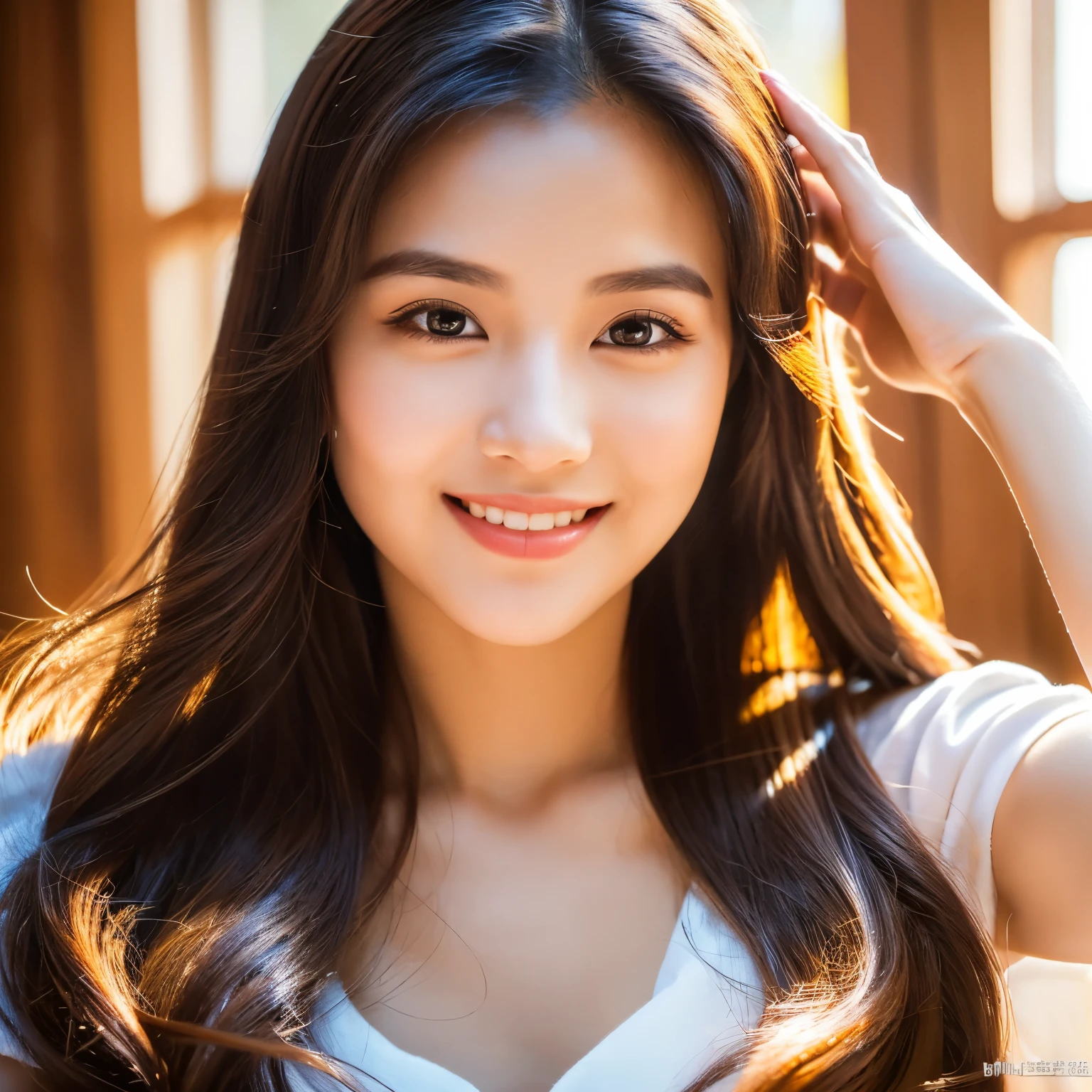 Create Imagine a stunning young Thai woman of 20 years old, basking in the warm sunlight of a bright, clear day. Her skin is soft and fair, glowing with a healthy radiance. Her face is delicately oval-shaped, framed by long, flowing hair. Her sparkling eyes, accentuated by beautiful double eyelids and perfectly shaped S-curve eyebrows, twinkle with joy and warmth. As she smiles, her expression lights up the room, radiating pure happiness and kindness. The intricate details of her features and the play of light on her skin are captured in stunning 4K resolution, making the image incredibly realistic and lifelike.