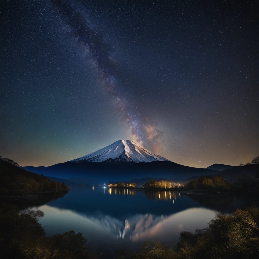 master parts、excellent quality、excellent image quality、8K quality、、Beautiful pictures of the starry sky、grow、Arched Milky Way:1.9、Fuji Mountain、blue lake surface