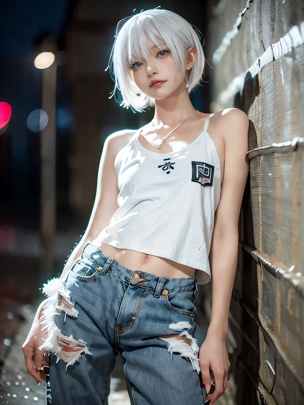 raw photo, 8k, (top-quality), Realistic, (real picture, Intricate details), (natural skin texture, detailed skin, hyper realism, sharpness), (Japanese teenage girl standing in a dirty back alley at night, graffitied wall:1.3, hand in pocket), ((white tight tank top, Distressed denim pants, low rise baggy pants)), (((flat chest:1.5))) , (pale skin), ((white hair, shorthair, short bangs)), (seductive face, Parted lips:1.3), thigh, graffiti:1.5, trash can, night time, spot lighting:1.3, Full body shot