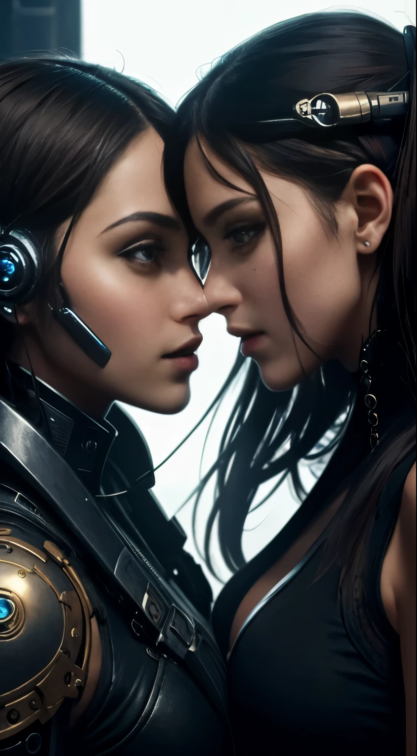 a beautiful steampunk cyborg girl and a beautiful futuristic cyberpunk cyborg girl, face to face, they are caressing each other