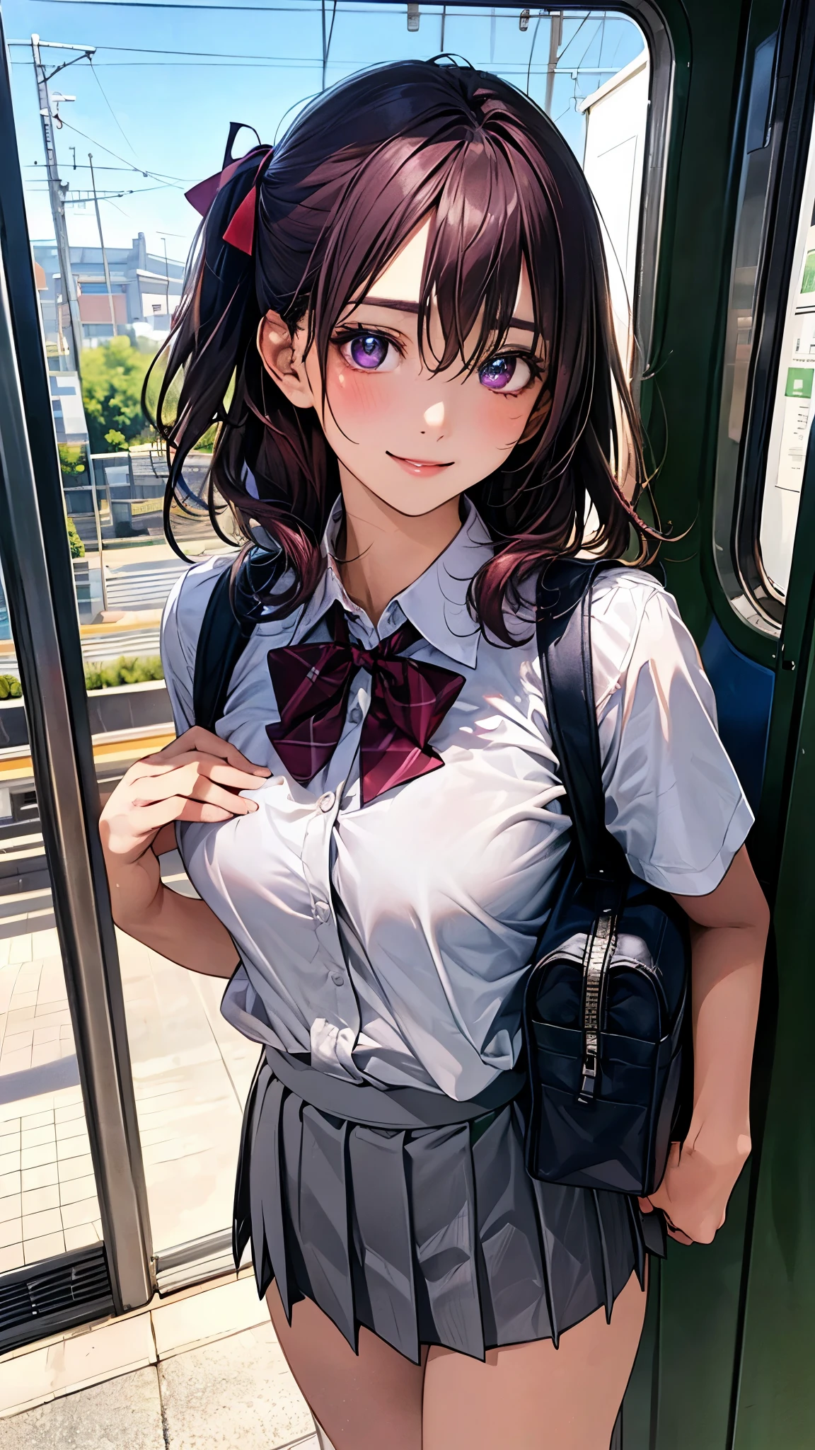 (masterpiece:1.2, top-quality), (realistic, photorealistic:1.4), beautiful illustration, (natural side lighting, movie lighting), nsfw,
looking at viewer, 1 girl, japanese, high school girl, perfect face, cute and symmetrical face, shiny skin,
(middle hair:1.5, (two side up:1.2), grey purple hair), hair between eyes, purple eyes, long eye lasher, (medium breasts), slender, dark red hair ribbon,
beautiful hair, beautiful face, beautiful detailed eyes, beautiful clavicle, beautiful body, beautiful chest, beautiful thigh, beautiful legs, beautiful fingers,
((white collared shirts, grey box pleated mini skirt), dark red bow tie), school bag,
(beautiful scenery), evening, (train station), standing, (lovely smile, open mouse slightly),