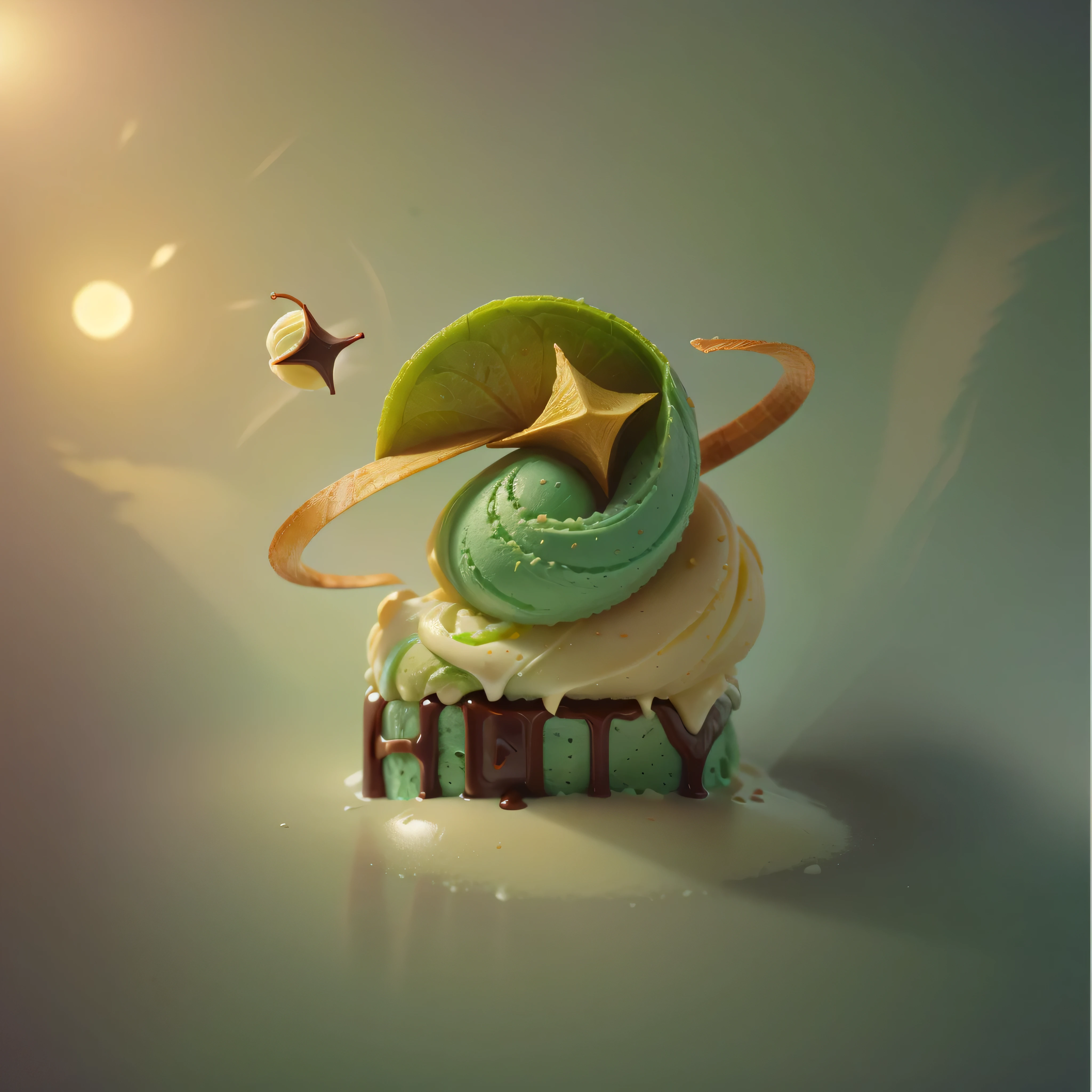 Milk ice cream cone,Top with dark chocolate sauce,soft,delicious, panoramic,Vibrant green background,Realistic and detailed images,Ultra-clear,best quality,Food wallpaper,fruit,Crispy Egg Roll