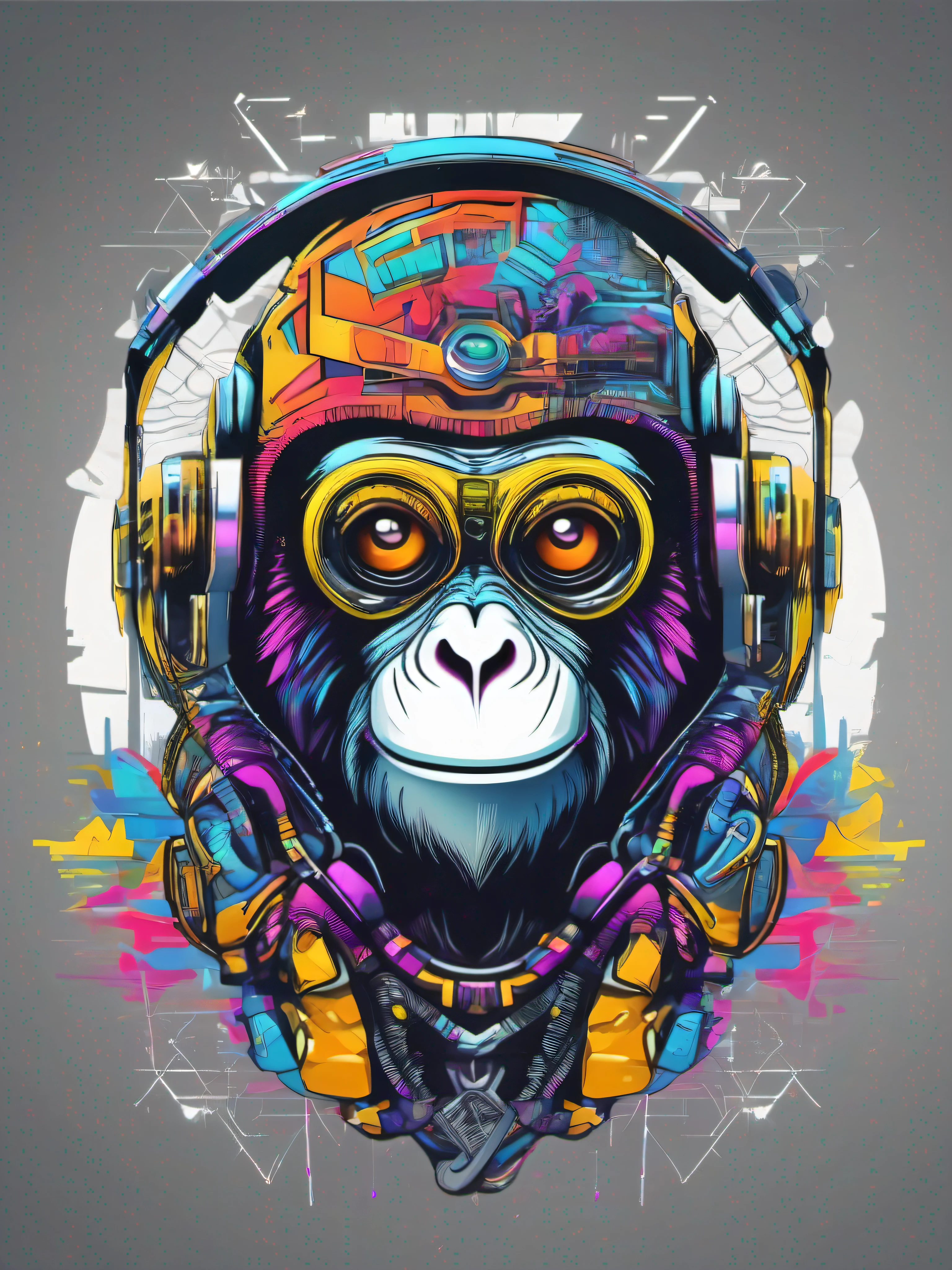 A futuristic monkey figure, with lights in eyes, surrounded by vibraprint ready vector t-shirt design, cyberpunk monkey illustration, side view, sticker, clean white background, professional vector, high detail, t-shirt design, graffiti, vibrant nt futuristic cityscape.