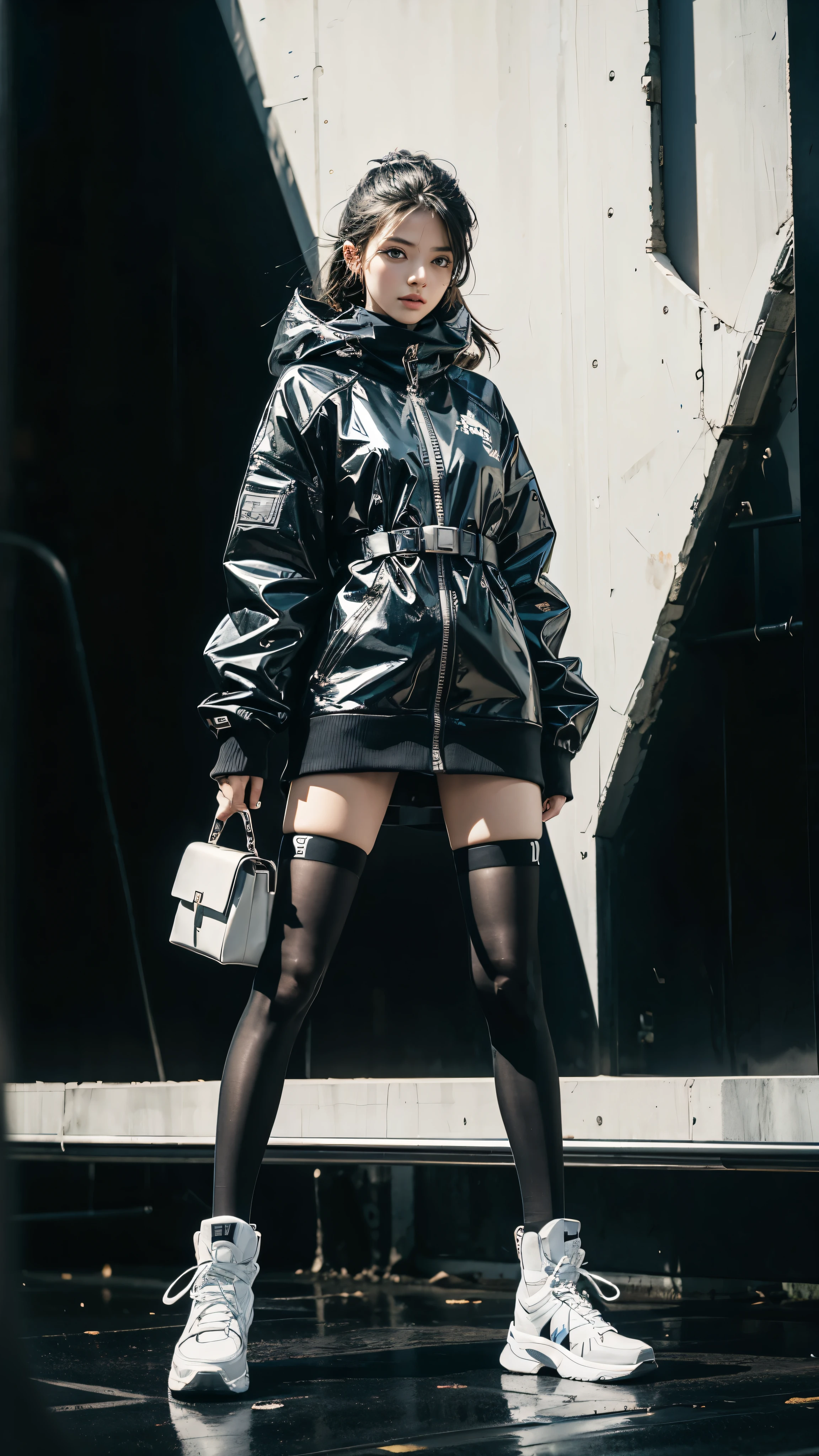 fashion brand collection, highly detailed, beautiful, masterpiece, best quality, Geometric style, abstract beauty,1 girl, (all body shot, standing and posing:1.3), dynamic pose, approaching perfection, digital painting, artstation, (concept art:1.3), illustration, white and black colors, Geometric patterns, abstract forms, Complex, surreal, BREAK latex, Glossy, Liquid, rubber, BREAK (casual fashion and Cyber taste fashion), (JET black theme:1.4), baggy and baggy wear, baggy body and sleeve, baggy knit A-line dress, Scattered geometry, Face mask, (long length muffler), BREAK (stripe theme:1.2), (striped Socks with zettai ryouiki), boots taste Sneaker, Artistic complicated background