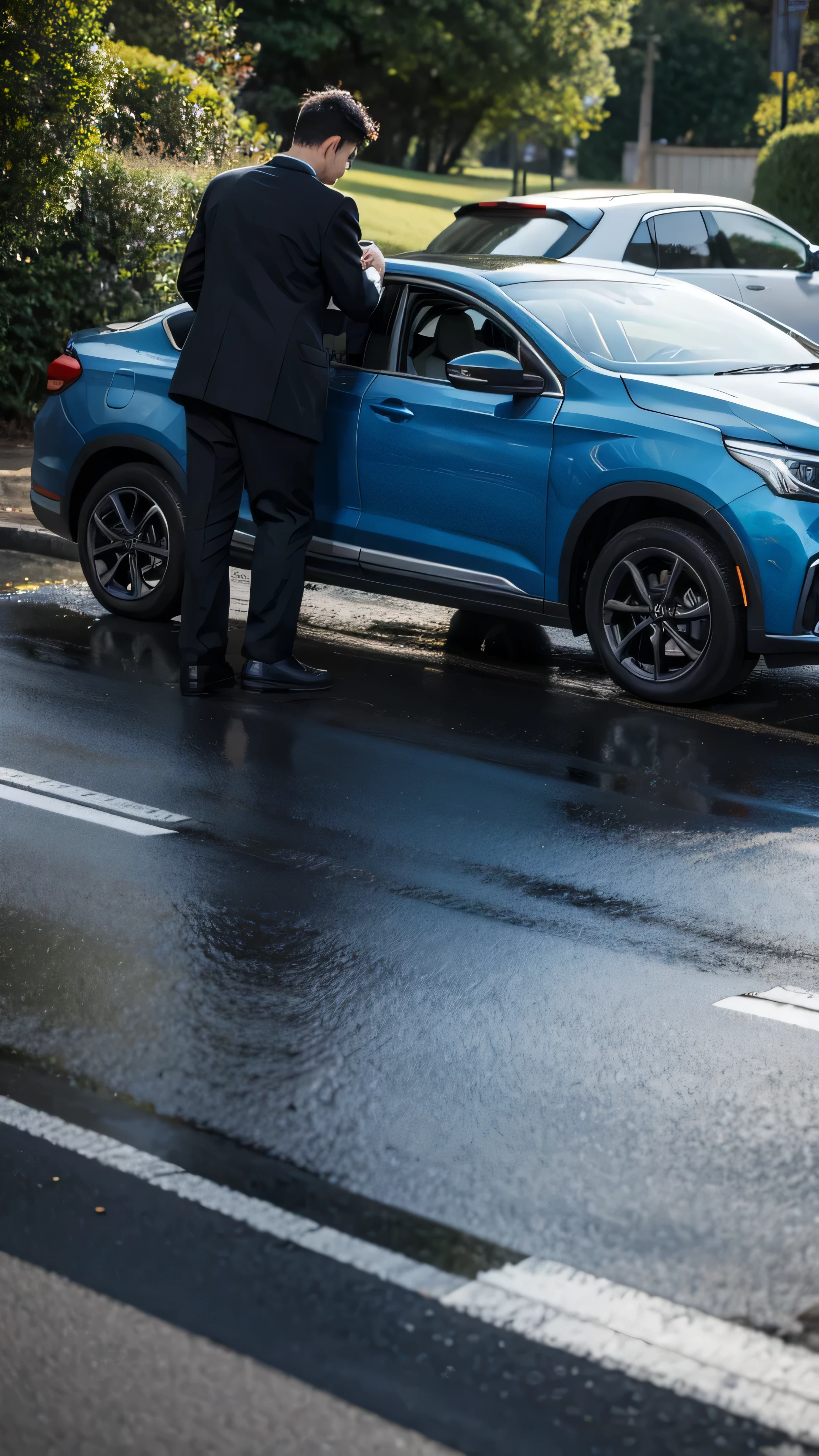 A man stopping his car on the side