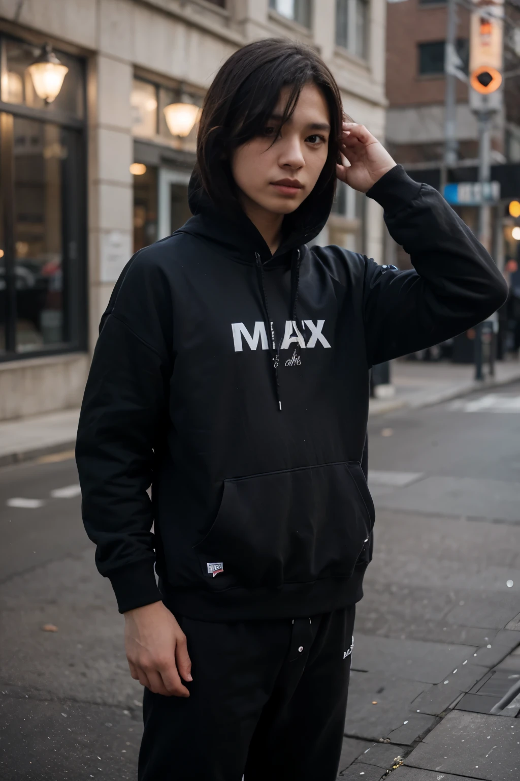 A boy 3D boy hoddie black wear black pop up name "MAX" "RHYO" "IFON"