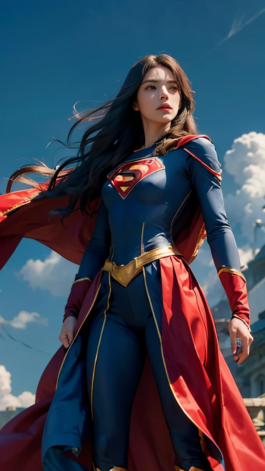 Woman very very very long hair very silky rapunzel wearing detailed SuperMan costume with full sleeves covering the entire body, short black hair, serious face, (flying in sky), vivid colors, dramatic lighting, red cape, cinematic costume, carbon fiber detailed suit,