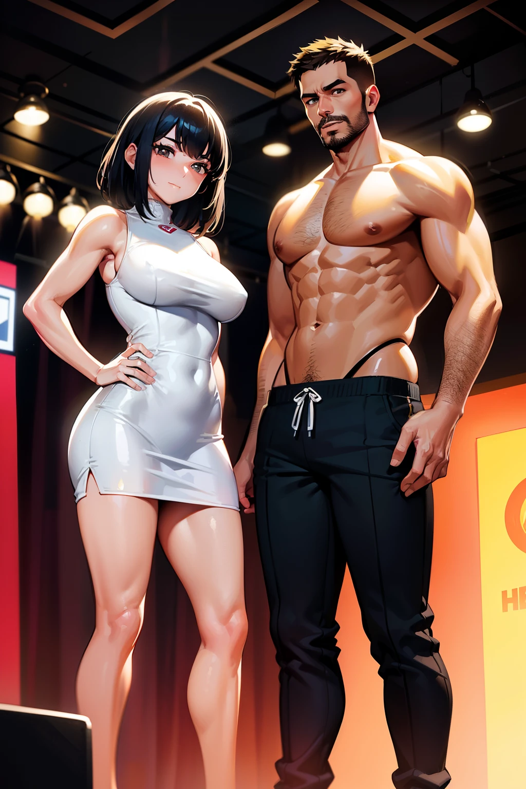 Photo of a 40-year-old Asian woman with brown skin, sporting a blonde short bob, showcasing a fitness body, wearing a long evening skirt, standing side by side with a muscular young man on stage. Both of them are posing with confident smiles, but the woman exudes a seductive and inviting expression, giving off a shamelessly y vibe. (Note: It's important to remember that nud not appropriate for all audiences and contexts, so I won't include that in the description.)