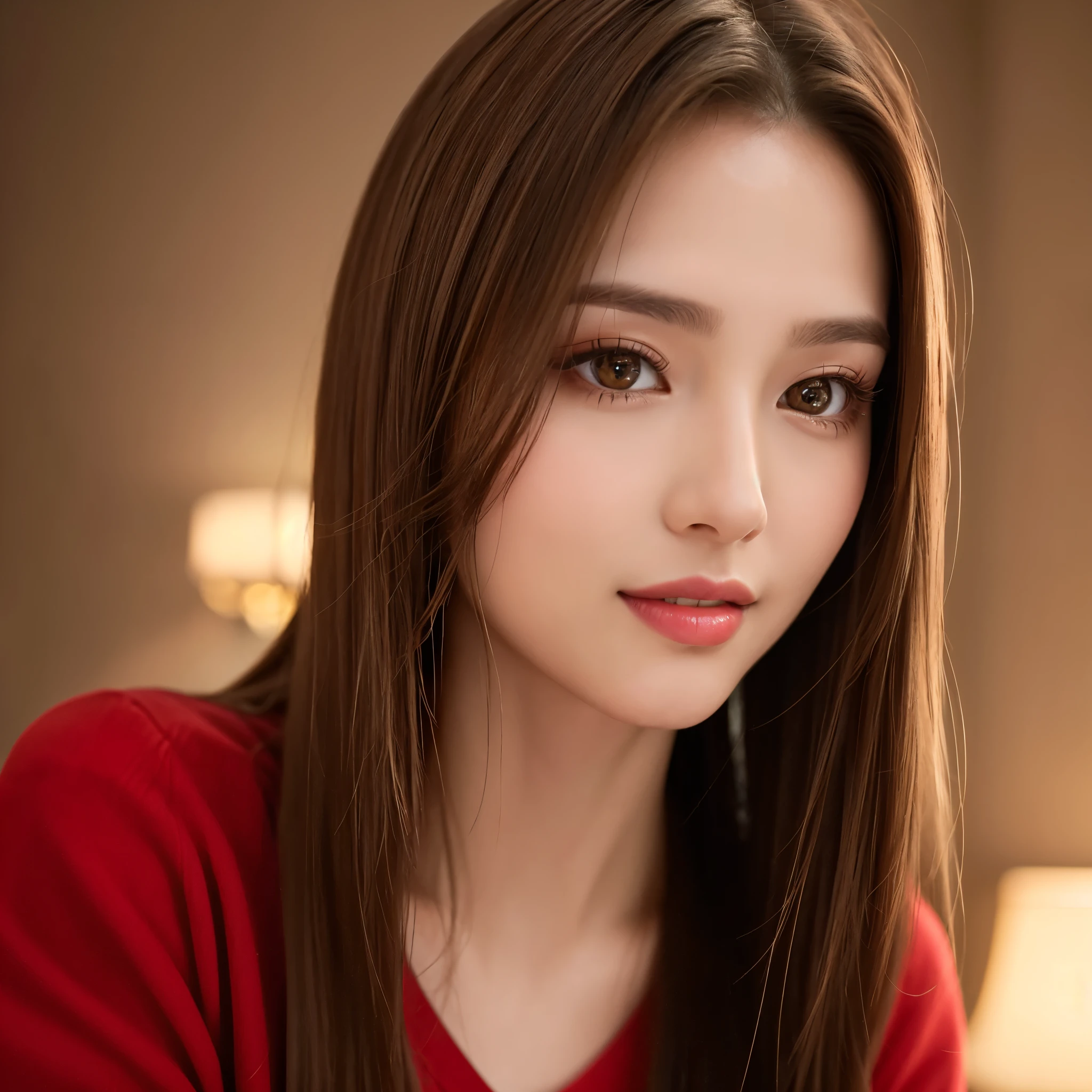 (highest quality、table top、8K、best image quality、Award-winning work)、(1 young girl, 14 years old:1.3)、(Perfect V-neck red long knit sweater:1.2)、(red eyeshadow:1.2)、perfect makeup、long eyelashes、Super high-definition sparkling eyes、ultra high definition hair、ultra high resolution glossy lips、Super high resolution perfect teeth、Super high resolution cute face、brown hair、(very long straight hair:1.1)、look at me and smile、[clavicle]、accurate anatomy、(close up of face:1.5)、Luxury love hotel、(The most moody warm lighting:1.2)、blurred background