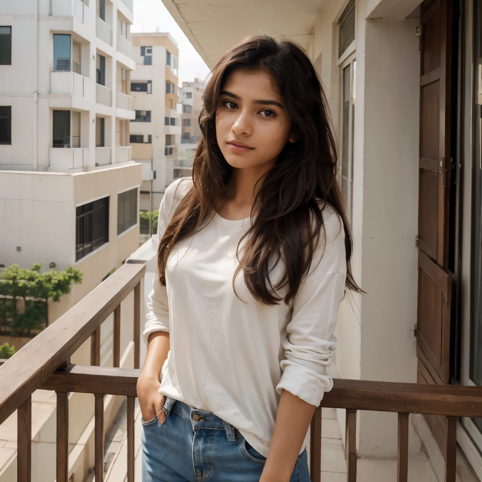 (masterpiece), (best quality), (ultra detailed),(disheveled hair),(illustration), (1girl), (Fashionable clothing), Generate a close-up image of a fair and bright 20-year-old Indian girl in casual wear, standing in a balcony. Ensure she exudes a natural radiance. Capture the details of her casual attire, focusing on her face, expression, and the surrounding balcony setting. Emphasize the casual and relaxed atmosphere, with soft natural lighting enhancing her radiant complexion.