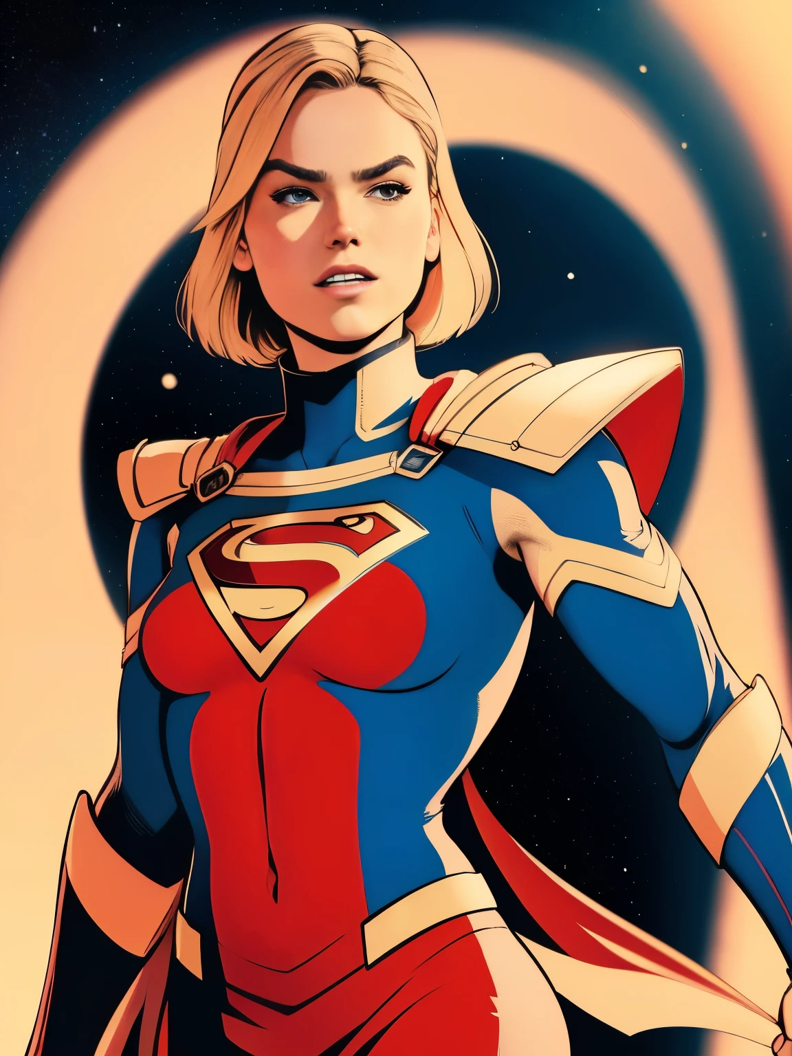 Cinema poster. (((A comic style, cartoon art))). Supergirl Posing for photo (((in epic heroic pose))) , wearing his iconic red and blue uniform, Wearing a little red skirt . ((Milly Alcock face)),(((slim, Body, Slender Hot Body))). ((((Cinematic cosmic spacebackground )))) , vivid colors, detailed, detailed face, realistic shadows and bright, glowing.