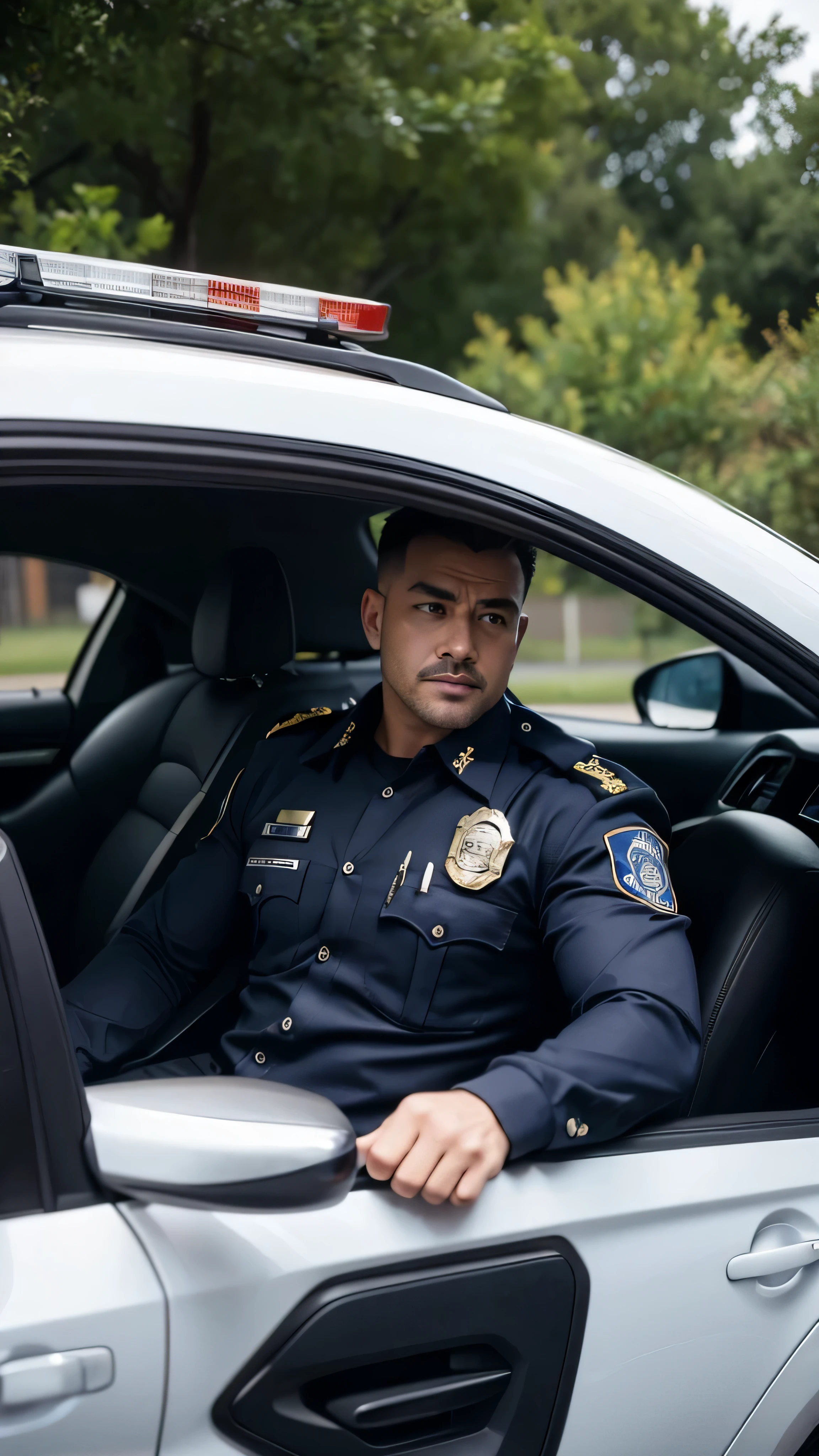 A masculine cop getting out of his car