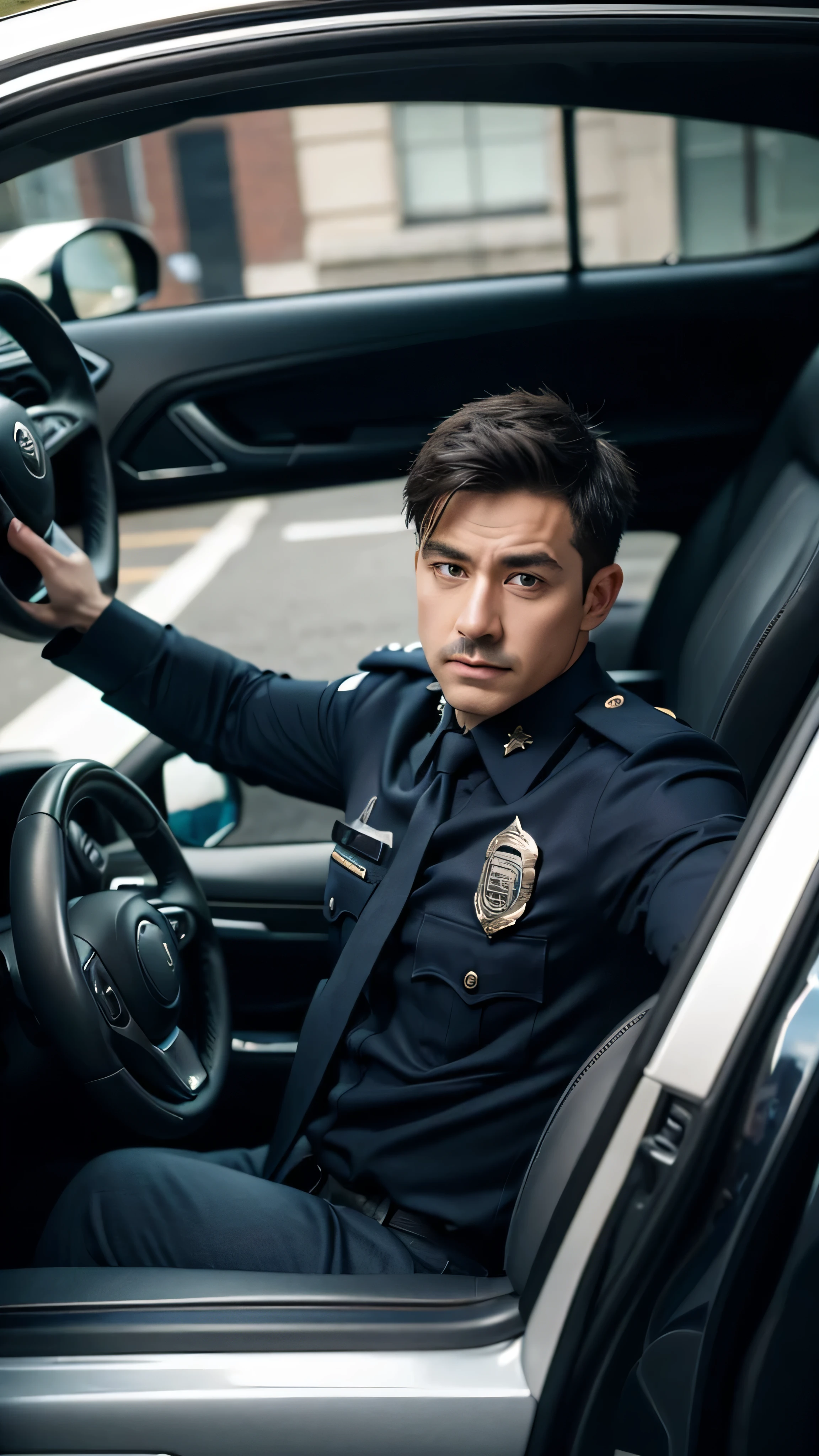 A masculine cop getting out of his car
