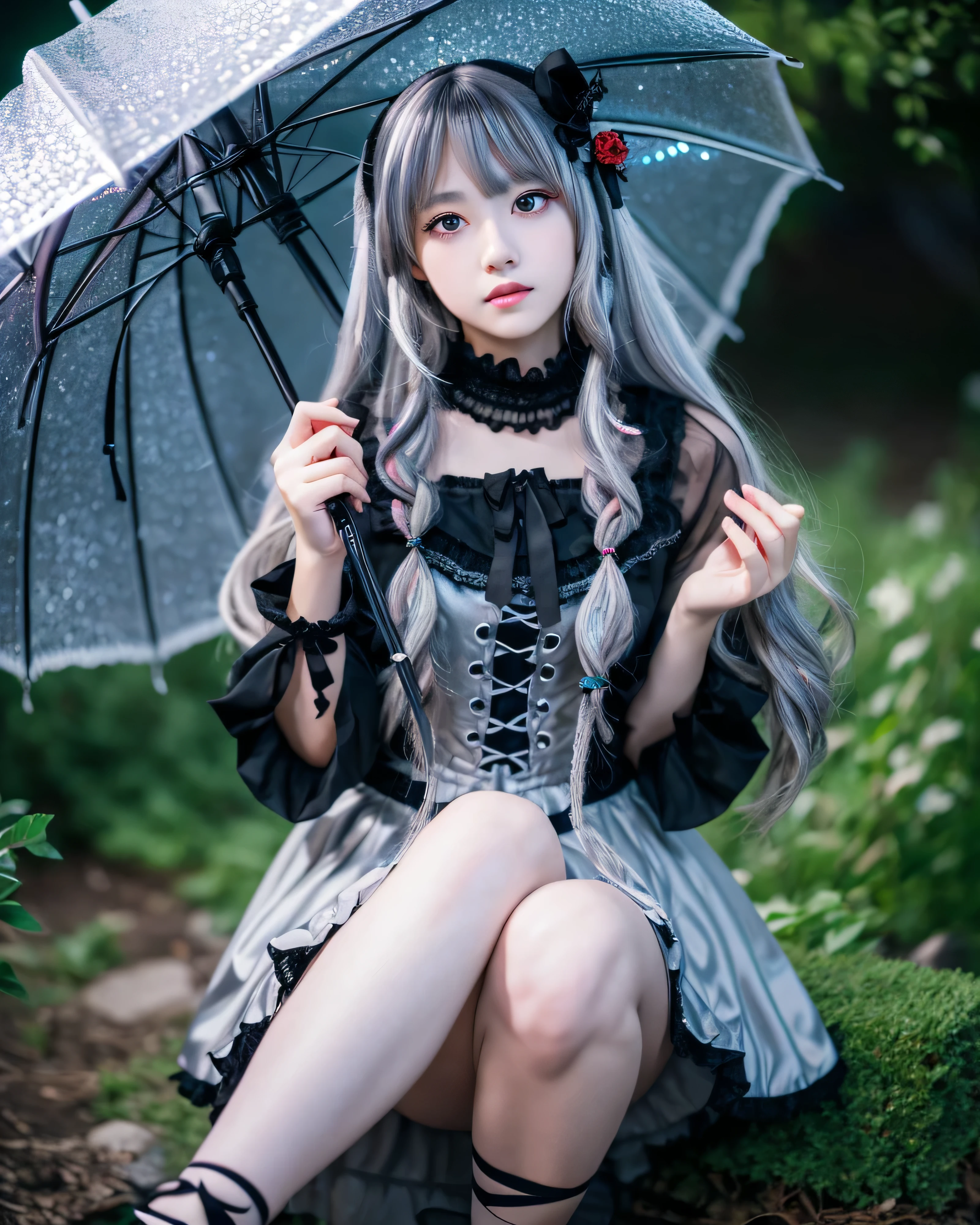 beautiful japanese girl, 16 years old, moonlit garden, High resolution, 4K, (shiny white hair:1.5), Super Long Straight Silk Hair, asymmetrical bangs, thin eyebrows, big magic eyes, Detailed red eyes, Smooth, white skin, bright makeup, moonlit garden in the background, A fleeting expression, lolita portrait, victorian gothic lolita fashion, Black miniskirt dress, thighs thighs, black umbrella, lolita style, lolita fashion,beautiful girl necromancer, flowing gray hair,red eyes,white skin,Gothic Girl,gothic fantasy art, dark moody lighting,light shines,Mysterious,professional lighting, professional photographer