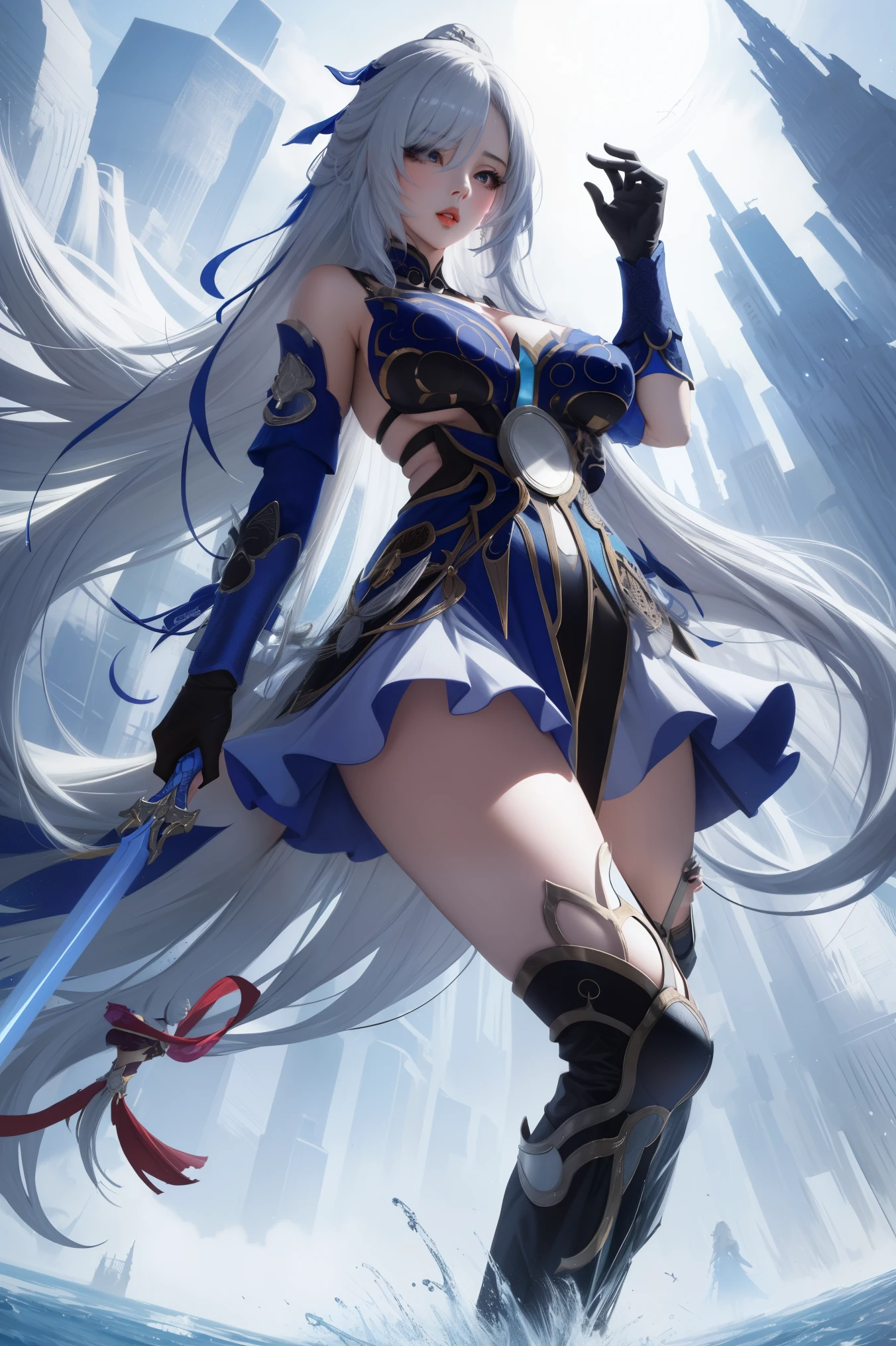 full body portrait ,masterpiece, best quality, 1girl, solo, standing, jingliu, hair ornament, blindfold, dress, cleavage, short skirt,detached sleeves, black gloves, parted lips, gigantic breasts,large,((gigantic_breasts))), random sexy pose, hand hold sword