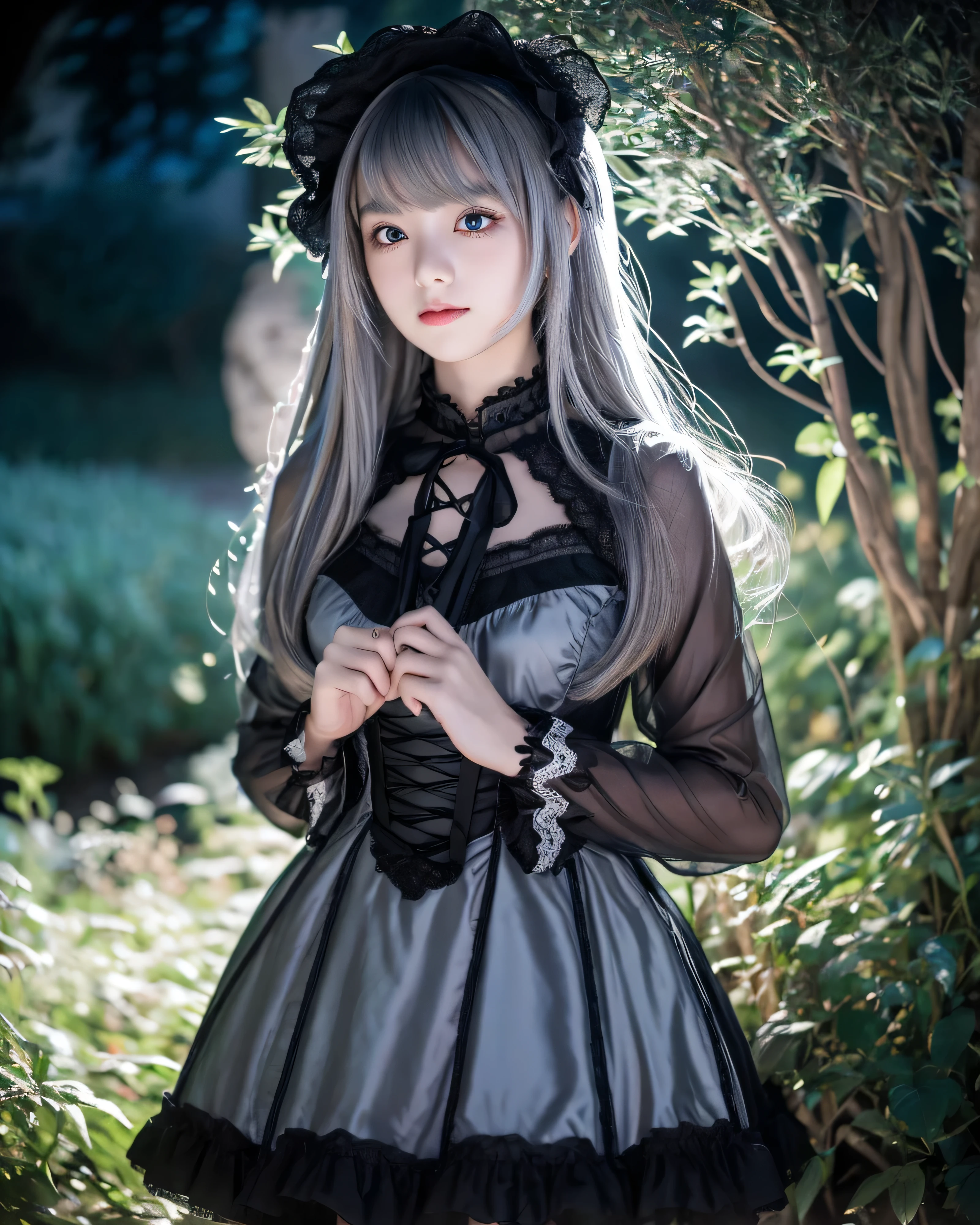 beautiful japanese girl, , moonlit garden, High resolution, 4K, (shiny white hair:1.5), Super Long Straight Silk Hair, asymmetrical bangs, thin eyebrows, big magic eyes, Detailed red eyes, Smooth, white skin, bright makeup, moonlit garden in the background, A fleeting expression, lolita portr victorian gothic lolita fashion, k miniskirt dress, thighs thighs, black umbrella, lolita style, lolitahion,beautifull necromancer, flowing gray hair,red eyes,white skin,Gothic Girl,gothic fantasy art, dark moody lighting,light shines,Mysterious,professional lighting, professional photographer