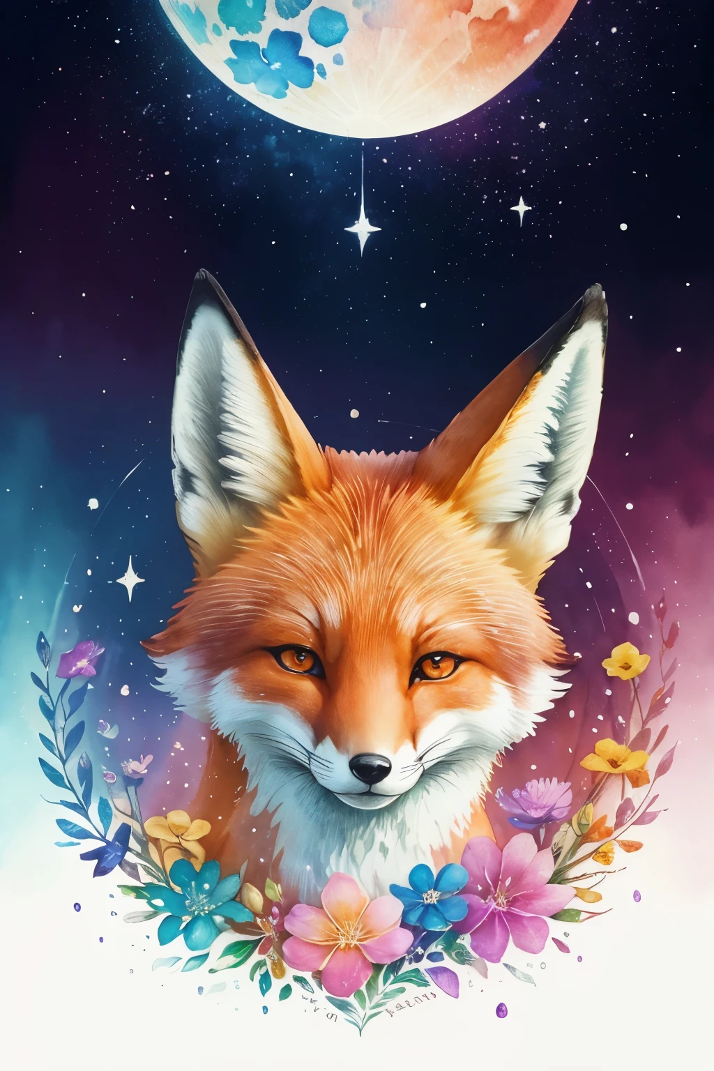 ((animal,watercolor painting,fox,Fox,Fox)),upper body only,Brilliant,colorful flower art, front view, action shot, Brilliant色, high detail, logo design, Neo-Traditional Tattoo Styles, 2D, planar vector, Character Design, fantasy art, watercolor paintingのテクニック,watercolor effect, Watercolor abstract,glitter effect,colorful, Gentle water droplets floating on the petals,star, moon,shine,digital painting, pop,fancy, sticker