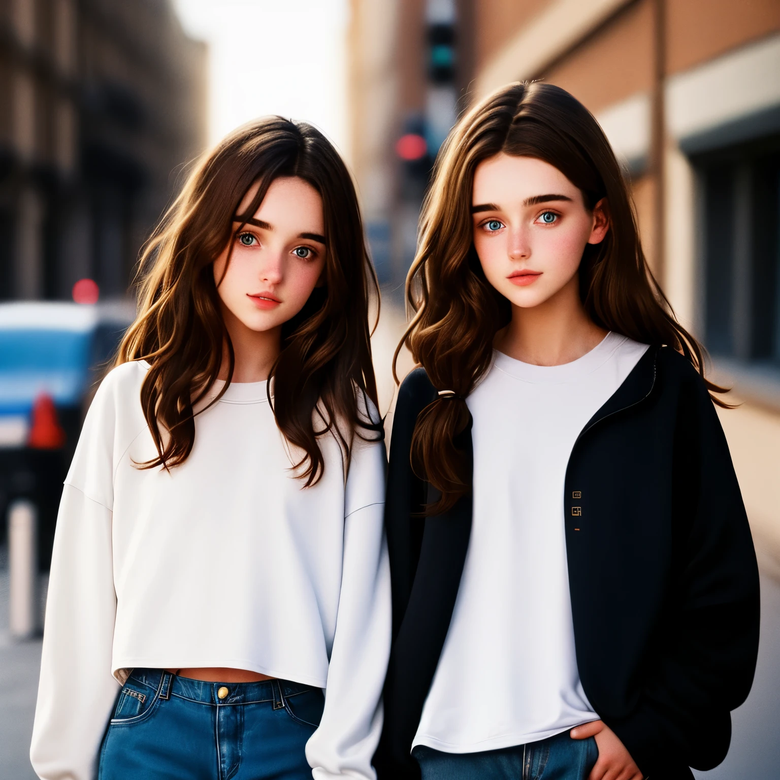 There are two girls, one with dark brown hair, the other with brown hair, the girl with brown hair is wearing a loose sweatshirt and baggy black trousers underneath, and the girl with dark brown hair is wearing a tight white t-shirt and blue jeans underneath. The eye color of the brunette is brown and dark brown hair. The girl's is dark brown in color