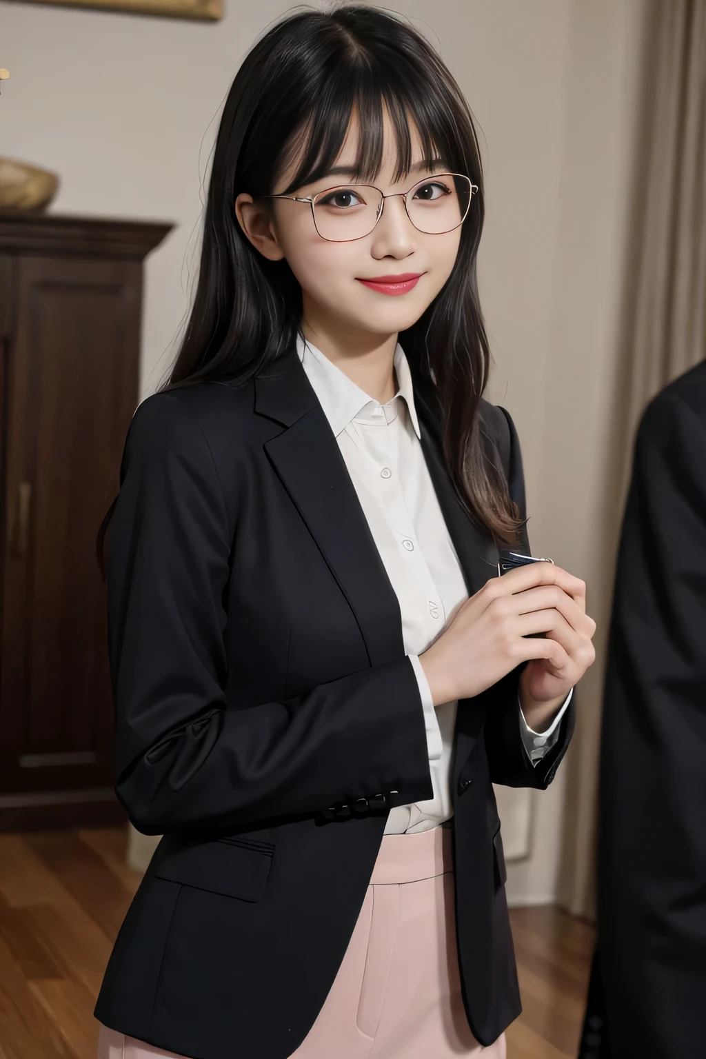 1 girl, star eye, blush, perfect lighting, detailed face, bangs, inside the house, realist, smile, Camera RAW, half body photo, masterpiece, 最high quality, 4K, high quality, wearing glasses,tied hair、wearing a business suit