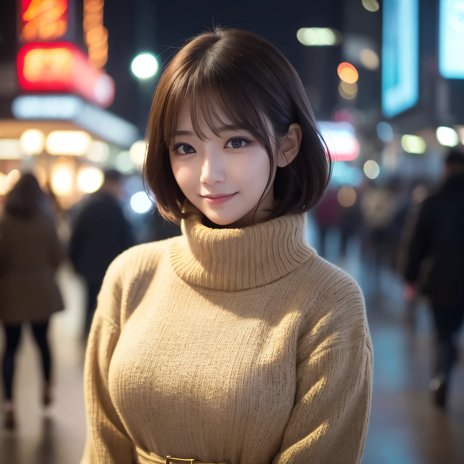 (highest quality、table top、8K、best image quality、Award-winning work、ultra high resolution)、1 girl、(Red turtleneck knit:1.2)、(Beige shearling trench coat:1.15)、(shortest short bob:1.1)、epic movie lighting、very moody and romantic lighting、that&#39;It&#39;s snowing、Shinjuku at night、Glittering night view、blurry night view、perfect anatomy、(big breasts:1.1)、(emphasize the bust line:1.1)、slender body, look at me and smile、perfect makeup、long eyelashes、ultra high resolutionの煌めく瞳、ultra high resolutionの髪の毛、ultra high resolutionの艶のある唇、ultra high resolutionの美しい歯、ultra high resolutionの可愛い顔、blurred background、Premonition of romantic love、(close up of face:1.15)、(look at me and smile:1.1)