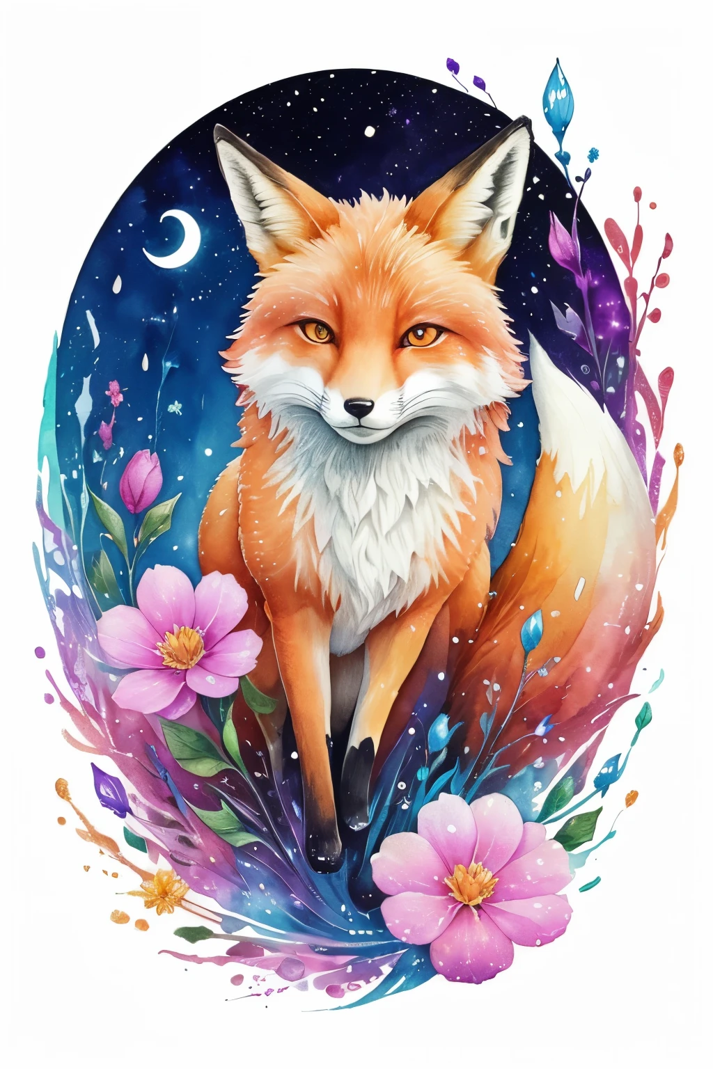 ((animal,watercolor painting,fox,Fox,Fox)),upper body only,Brilliant,colorful flower art, front view, action shot, Brilliant色, high detail, logo design, Neo-Traditional Tattoo Styles, 2D, planar vector, Character Design, fantasy art, watercolor paintingのテクニック,watercolor effect, Watercolor abstract,glitter effect,colorful, Gentle water droplets floating on the petals,star, moon,shine,digital painting, pop,fancy, sticker