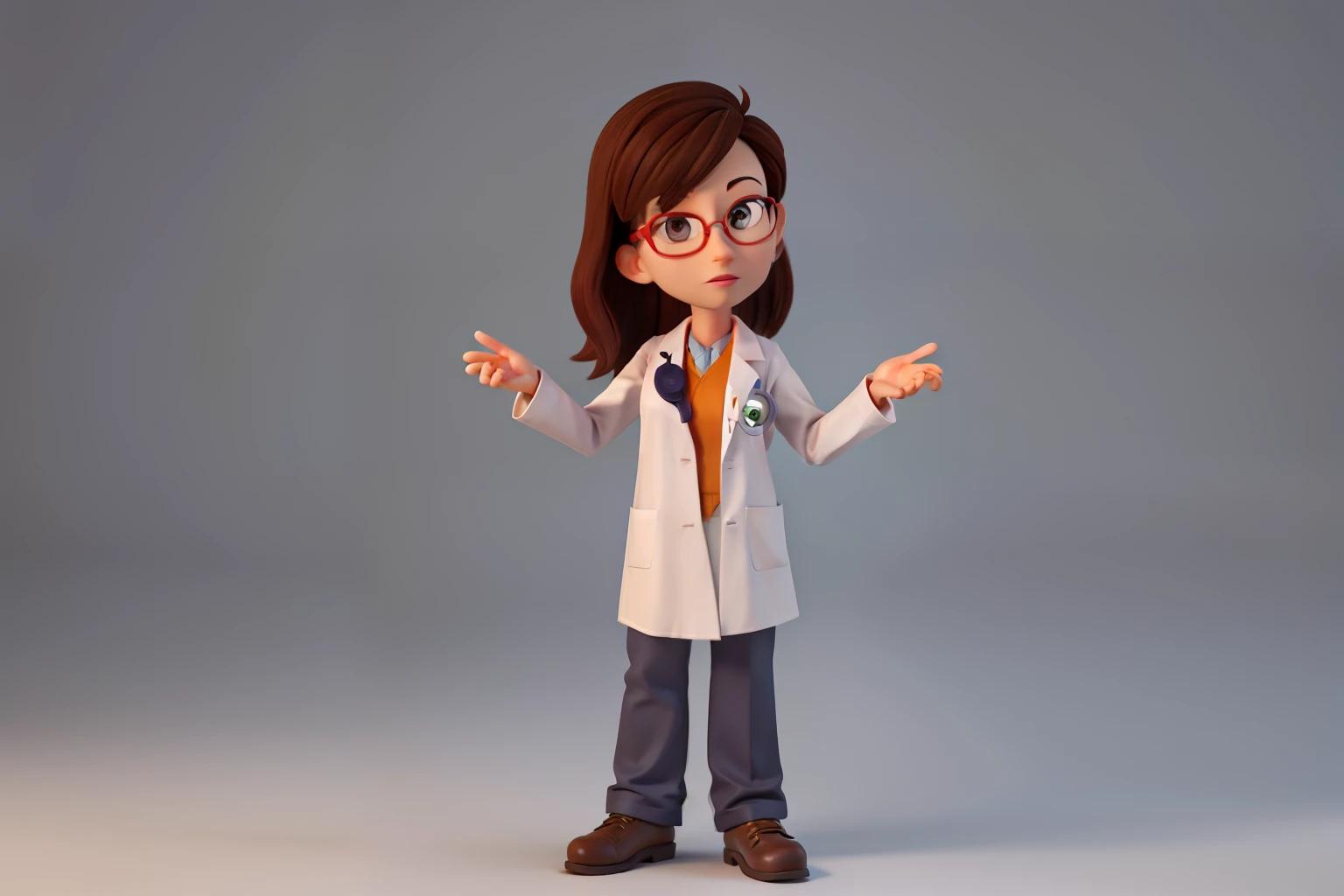 3d render. Cartoon character caucasian woman doctor wears glasses and uniform