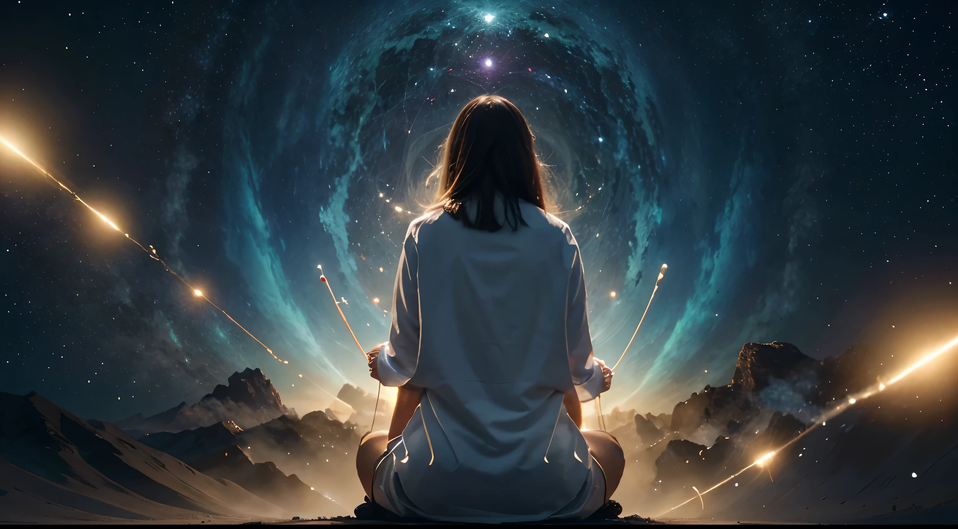 Desenvolva uma imagem animada em 8k, estilo de desenho de alta qualidade que representa "Co" and the understanding that we are active agents in the manifestation of a greater good. Create a scene that shows someone channeling their energy and intention into consciously shaping reality. The animation should emphasize the individual's focus and intent, with intricate details that highlight your connection to the universe. Mostrar a pessoa trabalhando em harmonia com o mundo ao seu redor, Co-criando um futuro melhor.