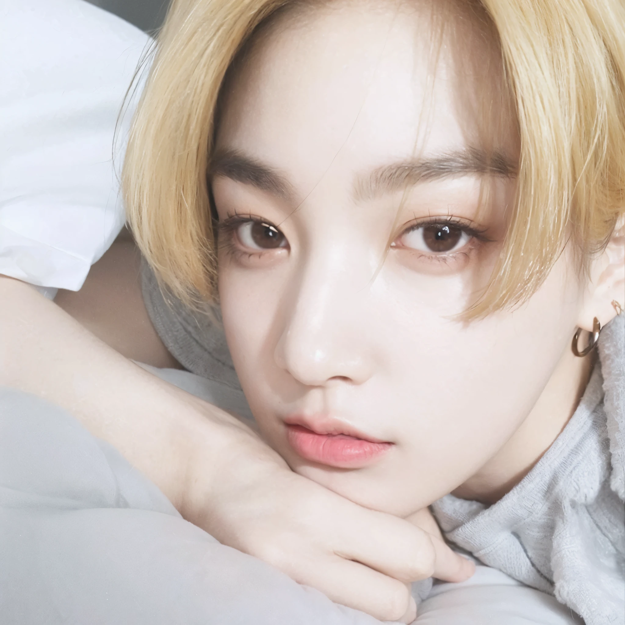 mulher arrasada com cabelo loiro deitada na cama, Jungkook, Jinyoung Shin, cai xukun, Kim Doyoung, pintar ulzzang, hyung tae, adorable and pale korean face, taejune kim, Jimin\the right eyelid is swollen, Jinyoung Shin aesthetic, 1 Menino de 7 anos, rosto magro, shy smile, young pale angel