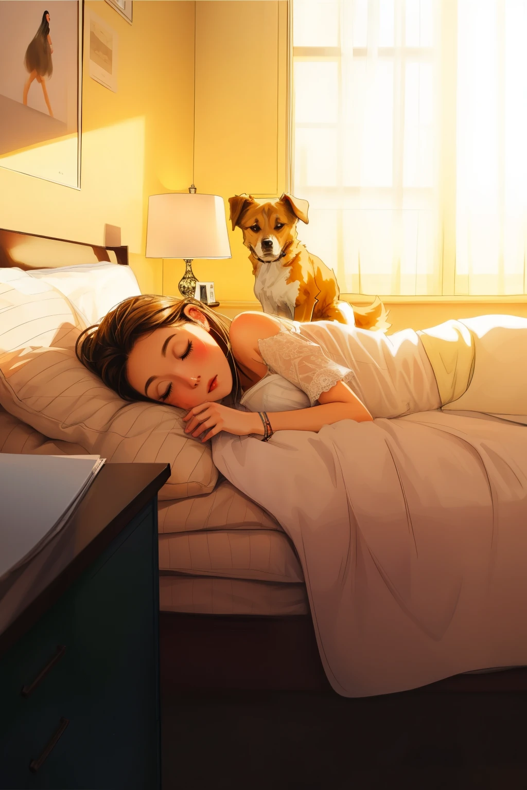 there is a woman laying on a bed with a dog on her head, render naughty dog, ps 4 in - game cinematic, ultra realistic picture, ps5 cinematic screen capture, realistic cinematic shot, ultra realistic concept art, video game cinematic, ultrarealistic concept art, video game cutscene, photorealistic cinematic, cinematic realistic photo, realistic picture, amazing photorealistic graphics