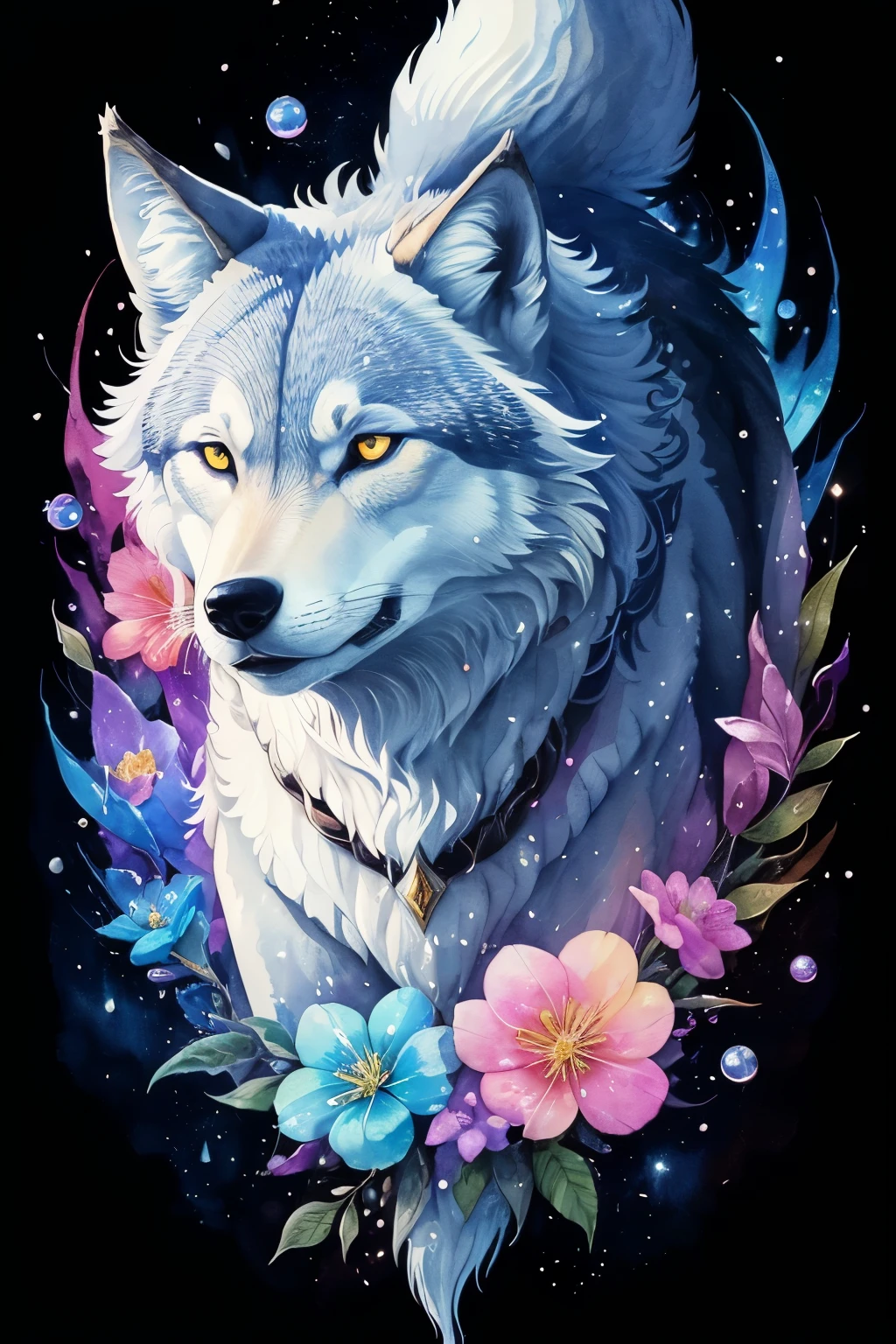 ((animal,watercolor painting,Wolf,Wolf)),cool,beautiful,Brilliant,colorful flower art, front view, action shot, Brilliant色, high detail, logo design, Neo-Traditional Tattoo Styles, 2D, planar vector, Character Design, fantasy art, watercolor paintingのテクニック,watercolor effect, Watercolor abstract,glitter effect,colorful, Gentle water droplets floating on the petals,star, moon,shine,like a tarot card,digital painting, pop,fancy, sticker