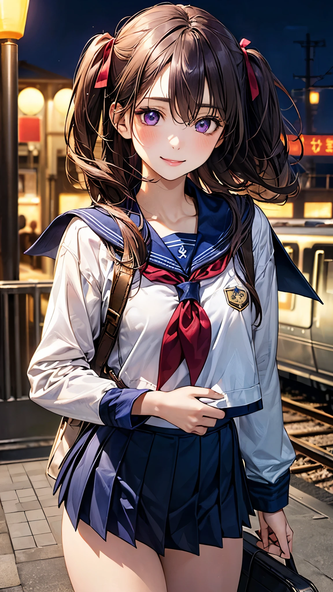 (masterpiece:1.2, top-quality), (realistic, photorealistic:1.4), beautiful illustration, (natural side lighting, movie lighting), nsfw, 
looking at viewer, 1 girl, japanese, high school girl, perfect face, cute and symmetrical face, shiny skin, 
(middle hair:1.5, (two side up:1.2), grey purple hair), hair between eyes, purple eyes, long eye lasher, (medium breasts), slender, dark red hair ribbon, 
beautiful hair, beautiful face, beautiful detailed eyes, beautiful clavicle, beautiful body, beautiful chest, beautiful thigh, beautiful legs, beautiful fingers, 
((detailed cloth texture, long sleeves light brown sailor suit, navy blue pleated skirt, navy blue sailor collar, red sailor scarf)), school bag, 
(beautiful scenery), evening, (train station), standing, (lovely smile, open mouse slightly), 