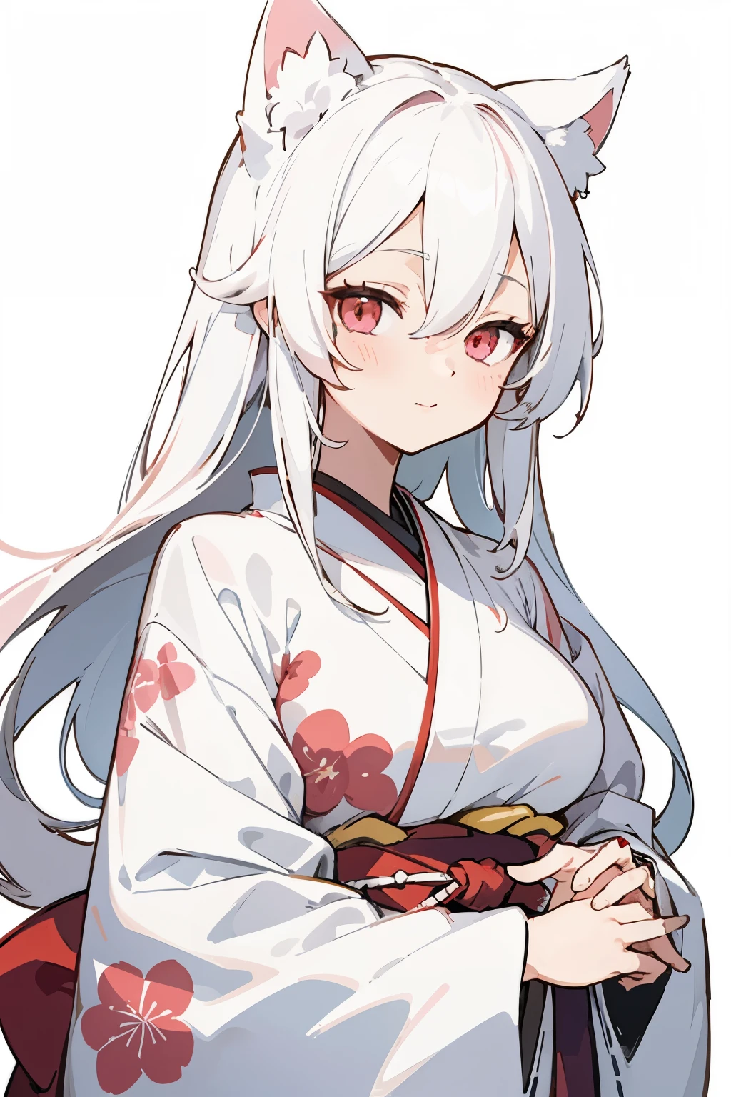 (Beautiful best quality illustrations:1.2), (kawaii girl:1.0), (1 girl, alone:1.0), (long white hair:1.0), (red kimono, Tsubaki pattern:1.0), (Smile:0.6), (Upper body:1.0), (Super detailed, high resolution:1.0),white hair,straight hair,Pale pink eyes,cat girl,Big breasts,White cat ears,