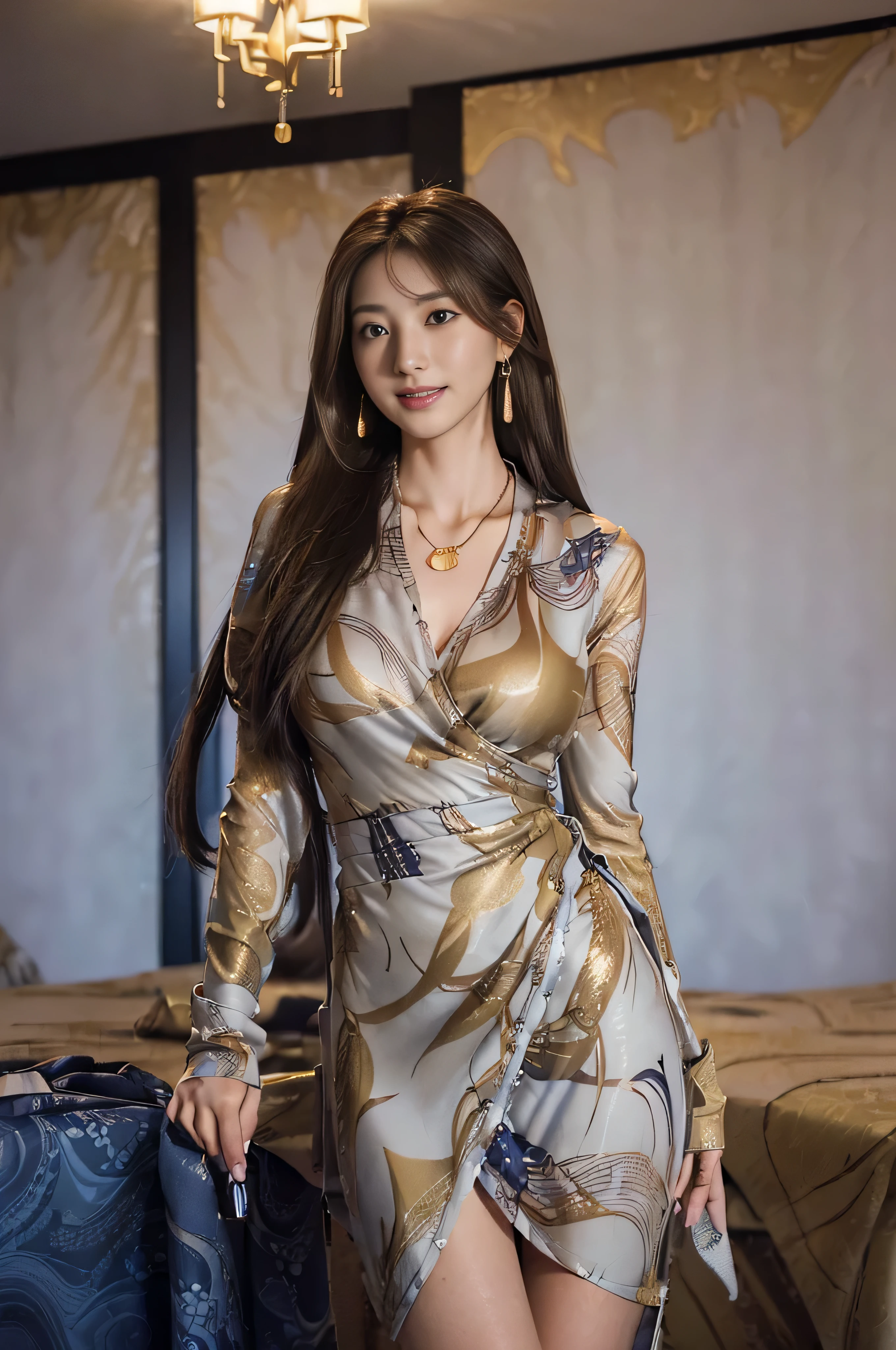 ((Beautiful girl from Japan:1.3),((green long-sleeved wrap dress:1.3)),((In a crowded café at dusk:1.3)) ((Thin_textile:1.4)) ((Random sexy poses:1.3)) ((full of sweat:1.5))((Blushing face:1.4)) ((Large breasts same as:1.1)) ((close-up:1.2)) Best Quality,masutepiece,超A high resolution,(Photorealistic:1.4),Raw foto,(Authentic skin texture:1.3),(Film grain:1.3),the panorama,Character Portrait,Very Wide Shot,big breasts thin waist,Cowboy Shots,(Darkin, deepshadow, lowkey, cold light,) natta,(()),Streaming Tears,,Dust,Tindall Effect,(expressions),1girl in,beautiful detailed eyes and face,White Jabot,Brown eyes,((Brown-colored super long hair:1.4)) ((FULL BODYSHOT:1.5)) ((Smile:1.3)),(((Nice)))((gold necklace_Large earrings:1.2)),
