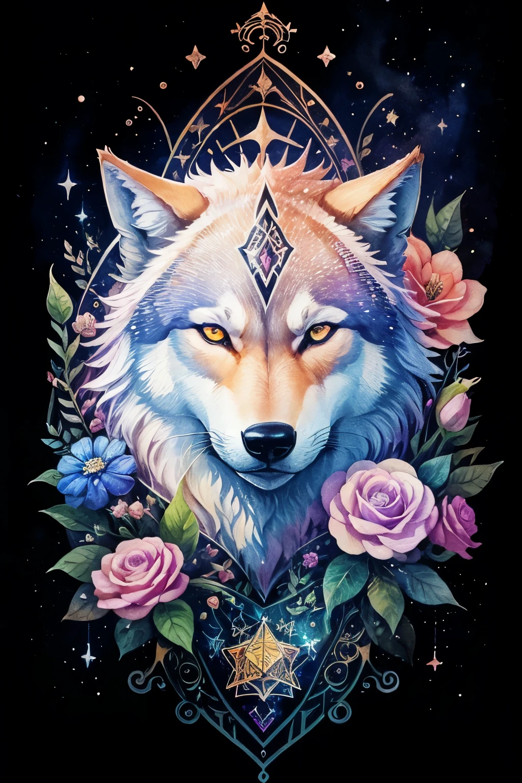 ((animal,watercolor painting,Wolf,Wolf)),cool,beautiful,Brilliant,colorful flower art, front view, action shot, Brilliant色, high detail, logo design, Neo-Traditional Tattoo Styles, 2D, planar vector, Character Design, fantasy art, watercolor paintingのテクニック,watercolor effect, Watercolor abstract,glitter effect,colorful, Gentle water droplets floating on the petals,star, moon,shine,like a tarot card,digital painting, pop,fancy, sticker