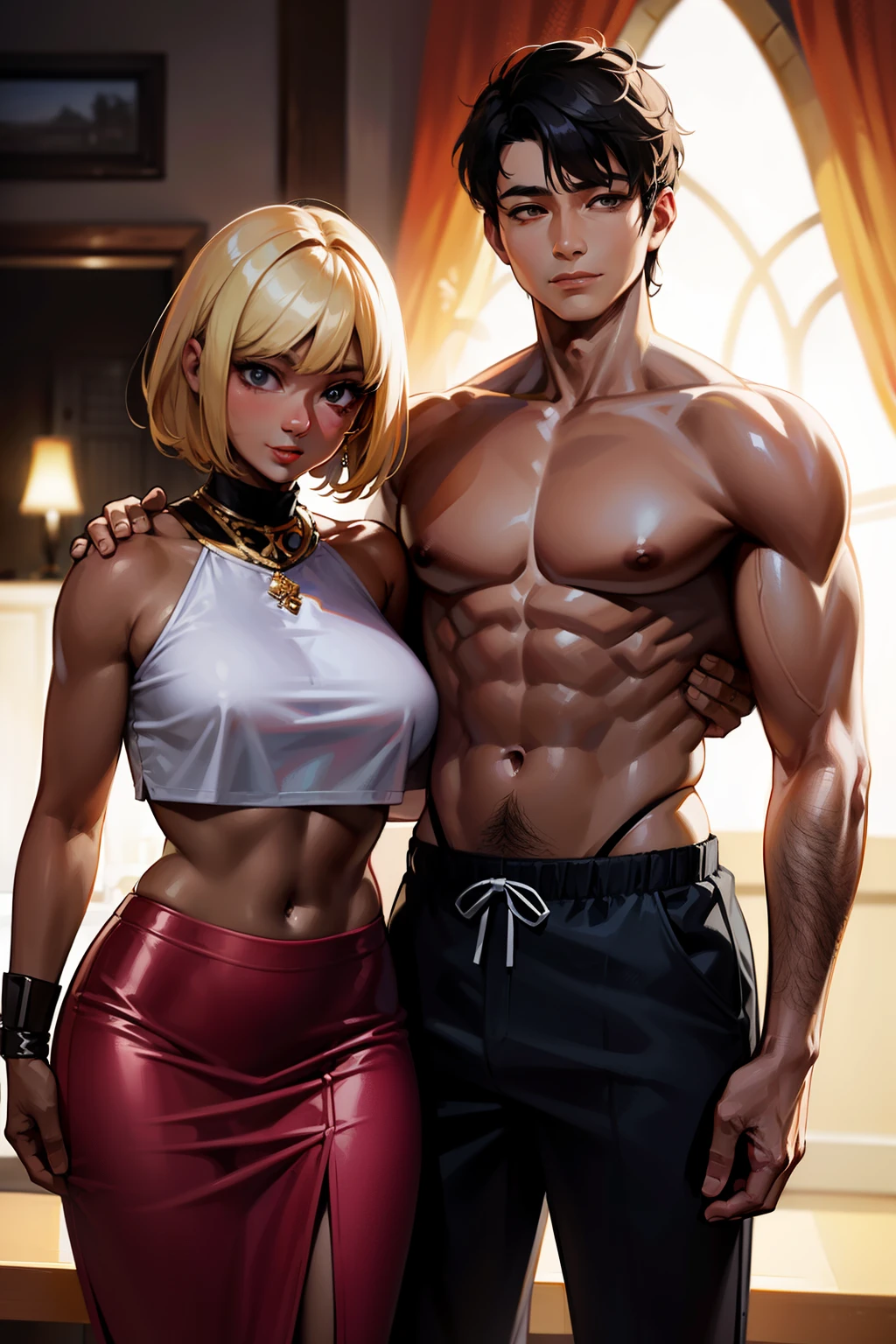 Photo of a 40-year-old Asian woman with brown skin and blonde short hair, sporting a fitness body and donning a long evening skirt, confidently stands side by side a muscular young man on an expansive stage. Both of them are posing with genuine smiles, capturing the essence of youthful vitality and mature seductiveness. Despite the nudity, their expressions are shamelessly inviting, creating a captivating and intriguing atmosphere.