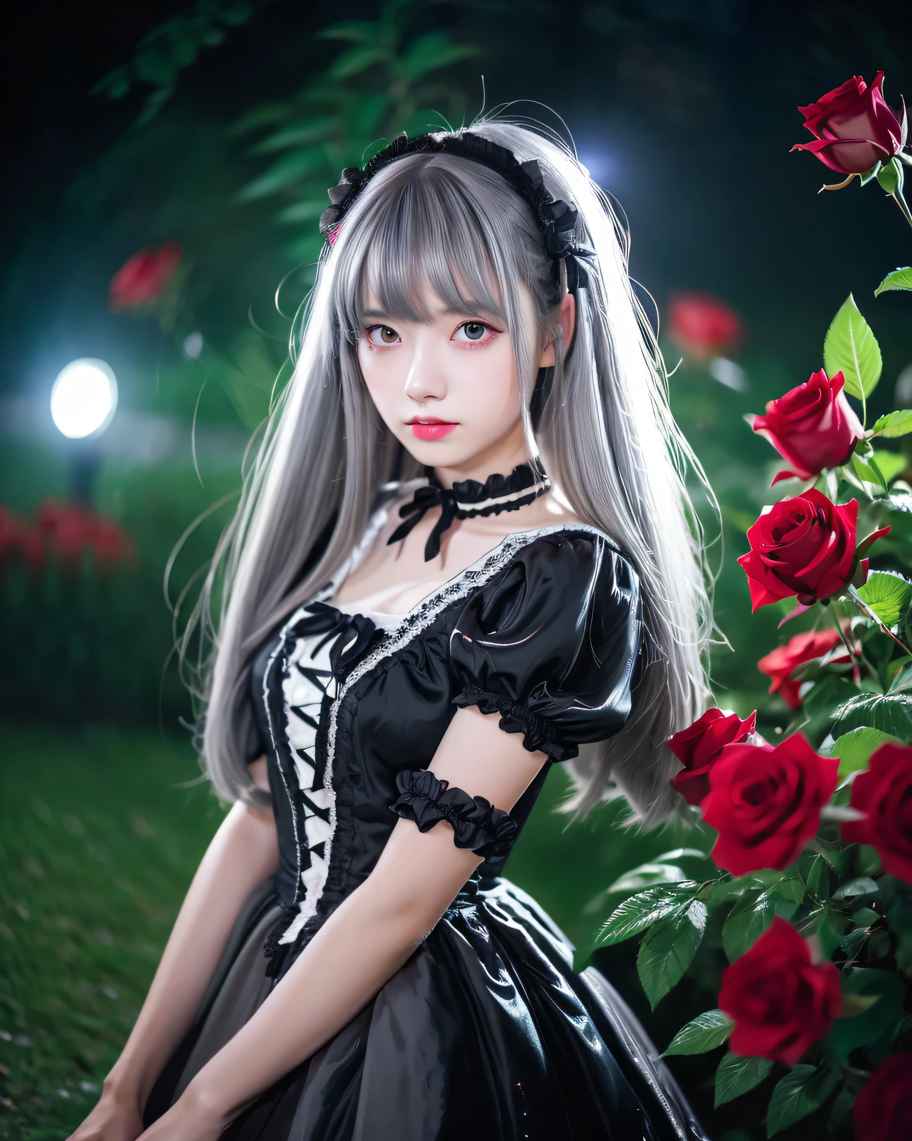 beautiful japanese girl, , moonlit garden, lots of roses, High resolution, 4K, (shiny white hair:1.5), Super Long Straight Silk Hair, asymmetrical bangs, thin eyebrows, big magic eyes, Detailed red eyes, Smooth, white skin, bright makeup, 背景にmoonlightの花園, A fleeting expression, lolita portr victorian gothic lolita fashion, k miniskirt dress, thighs thighs, black umbrella, lolita style, lolitahion,beautifull necromancer, flowing gray hair,red eyes,white skin,Gothic Girl,gothic fantasy art, dark moody lighting,moonlight, light shines,Mysterious,professional lighting, professional photographer