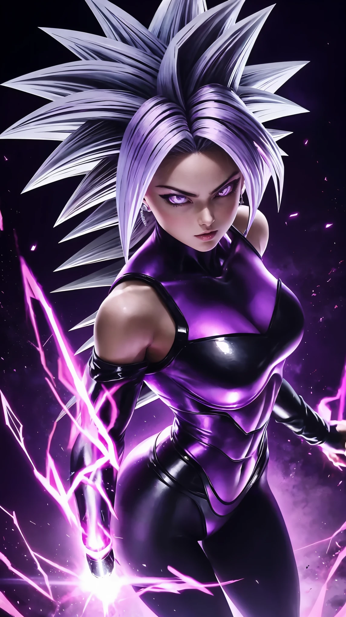 A barbie transforming into a dark super saiyan with purple hair and glowing purple eyes